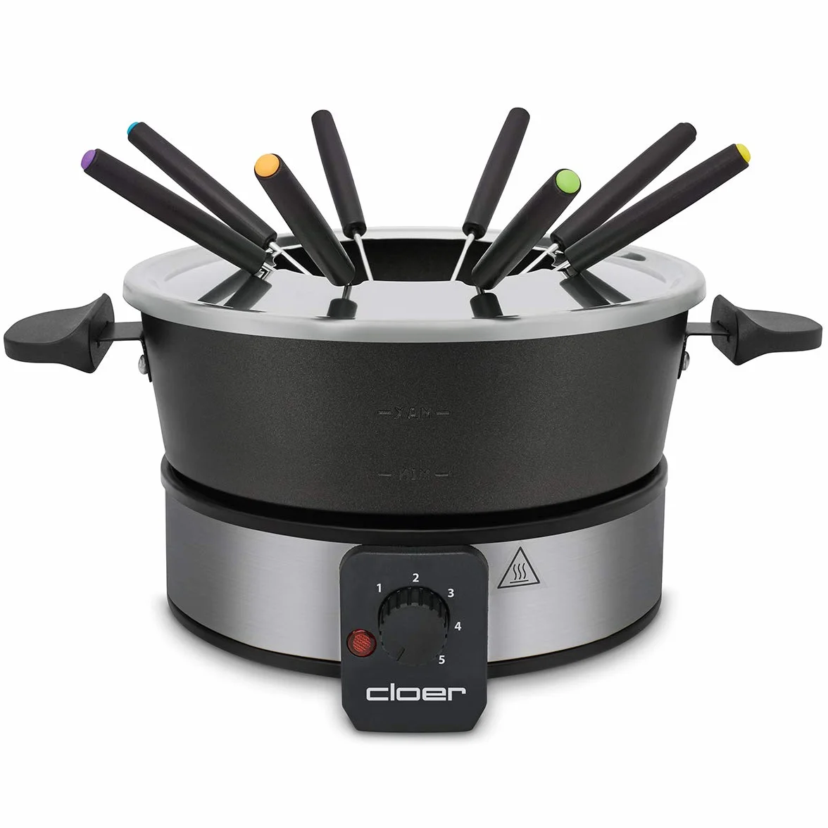 Cloer 6679 fondue dla 8 osób, powlekany garnek aluminiowy, łącznie z ochroną przed pryskaniem, 8 kolorowymi widelcami 1,5 litra, 1000 W, srebrny, czarny