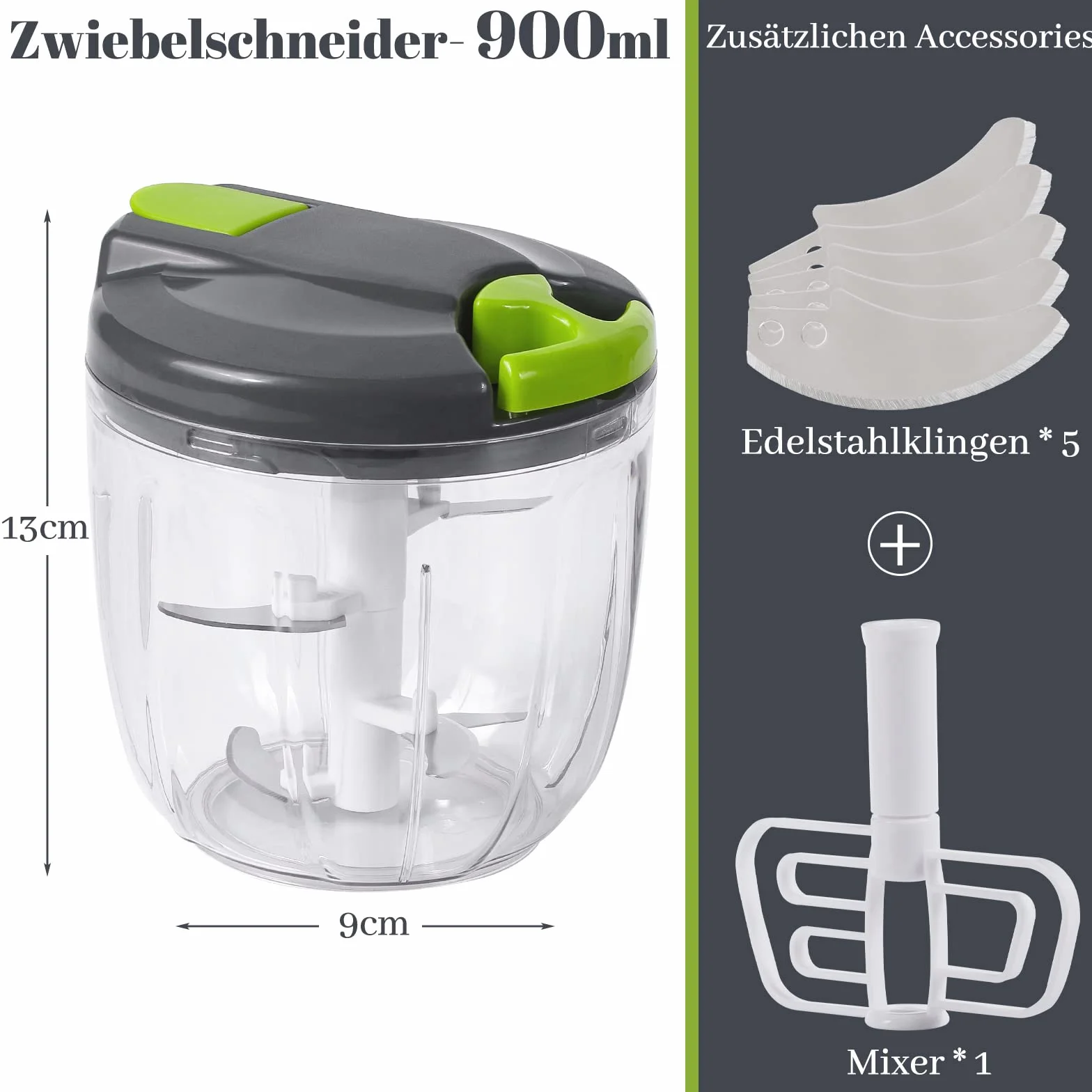 Gucass Ręczna szatkownica do cebuli 900 ml rozdrabniacz siekanie mieszanie warzyw szaro-zielony