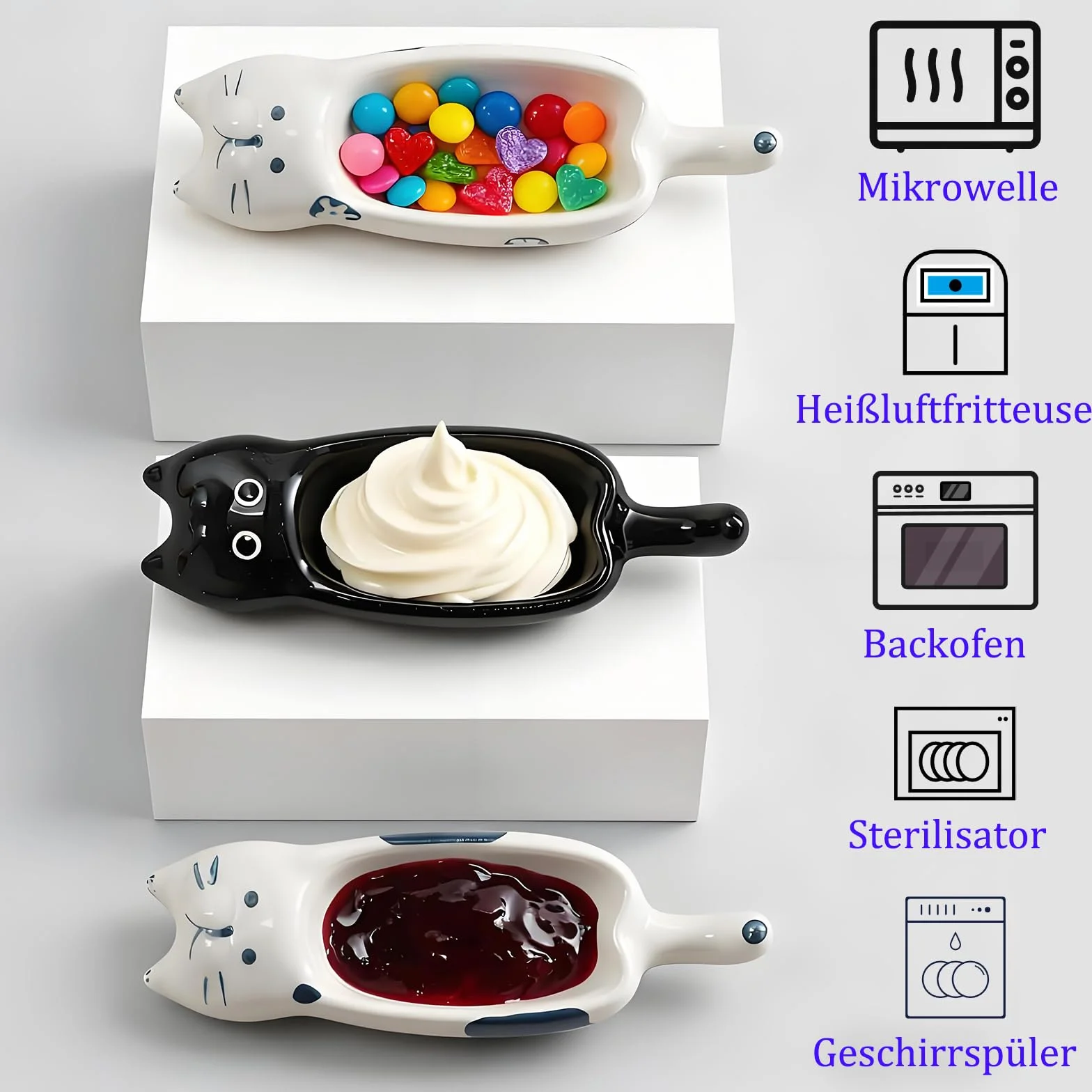 Ceramiczne miseczki do dipów w kształcie kota 13 x 4,2 cm, białe, można układać w stos
