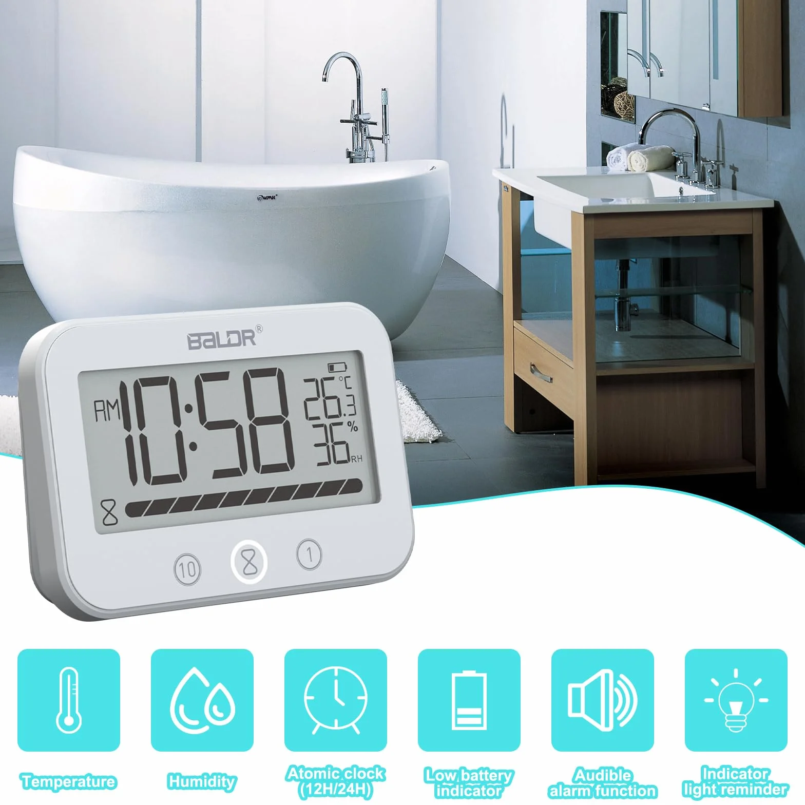 Cyfrowy zegar łazienkowy IP54 z temperaturą i wilgotnością, 99-minutowy timer LCD z alarmem