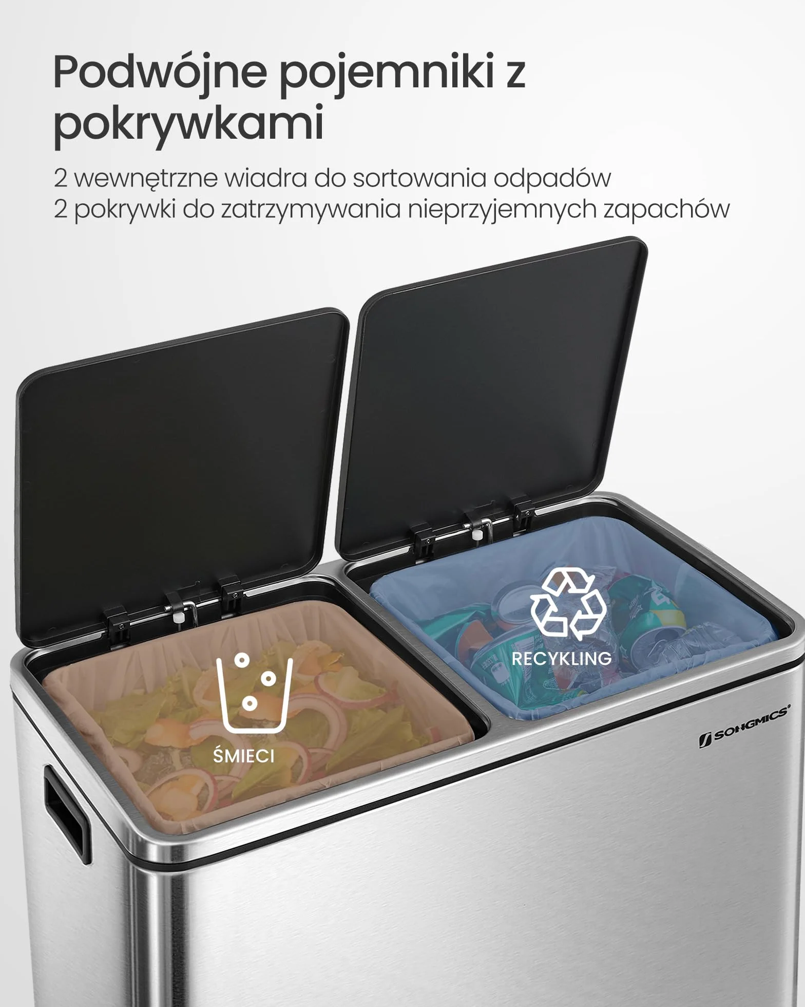 SONGMICS Kosz na śmieci z podwójną komorą 2 x 30 l, z 15 workami na śmieci, metalowe pedały, 2 plastikowe wiadra wewnętrzne, pokrywki, uchwyty, miękki zamknięcie, srebrny i czarny LTB60NL