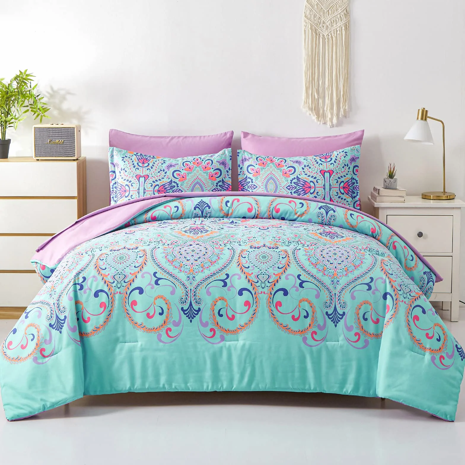 Boho Aqua Lilac Damask Medalion Zestaw kołder King Size 7-częściowy pościel z prześcieradłami
