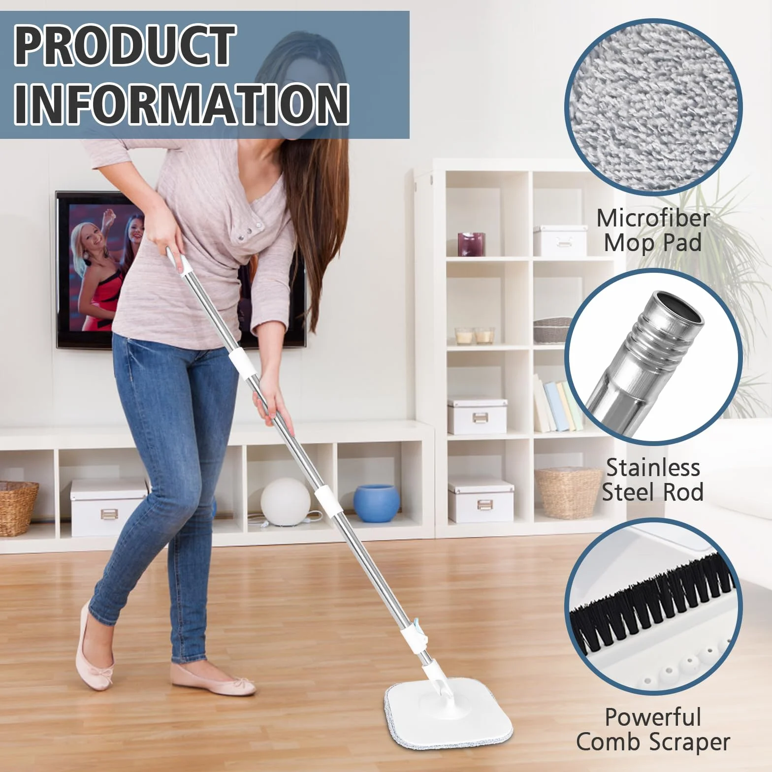 Mop do mopa 130 cm, z wiadrem wyciszającym, system filtrów 2 w 1 oddziela brud słodką wodę, mop z mikrofibry do podłóg okiennych, mop czyszczący z 2 podkładkami