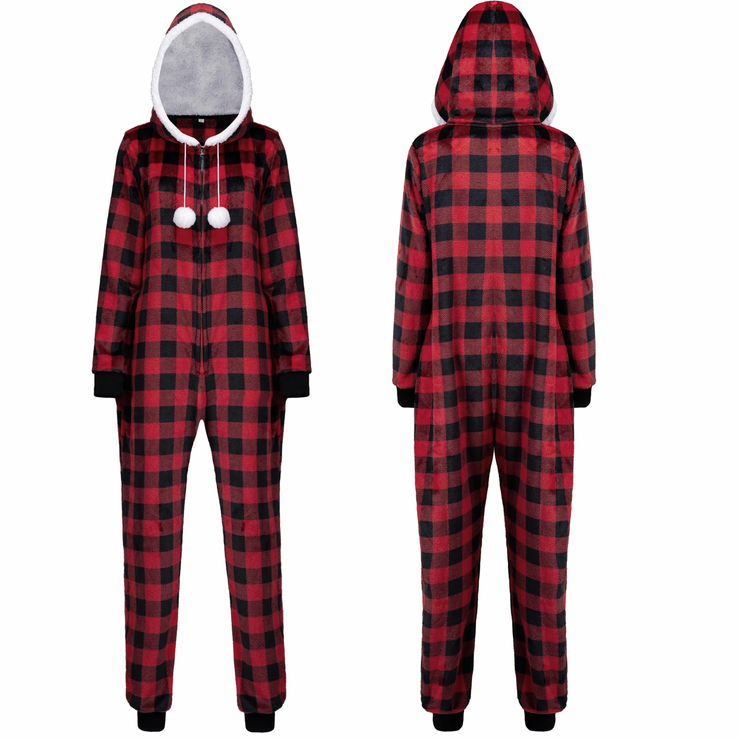 Giggling Getup Damska piżama w kratę z kapturem, miękka flanelowa podszewka Sherpa PJ dla dorosłych na Boże Narodzenie