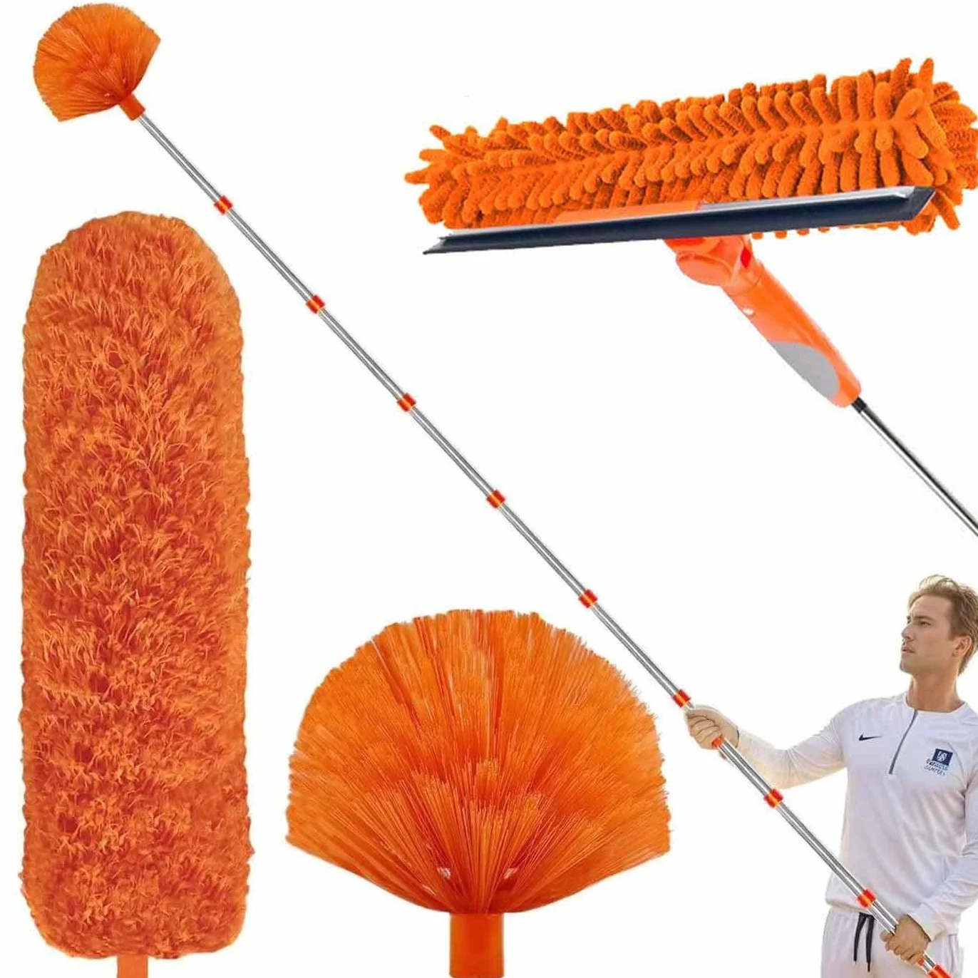 High Reach Duster Kit 1.5-4.9m Extension Cord Extendable Long Handle Spider Web Cleaner Ceiling Fan Brush