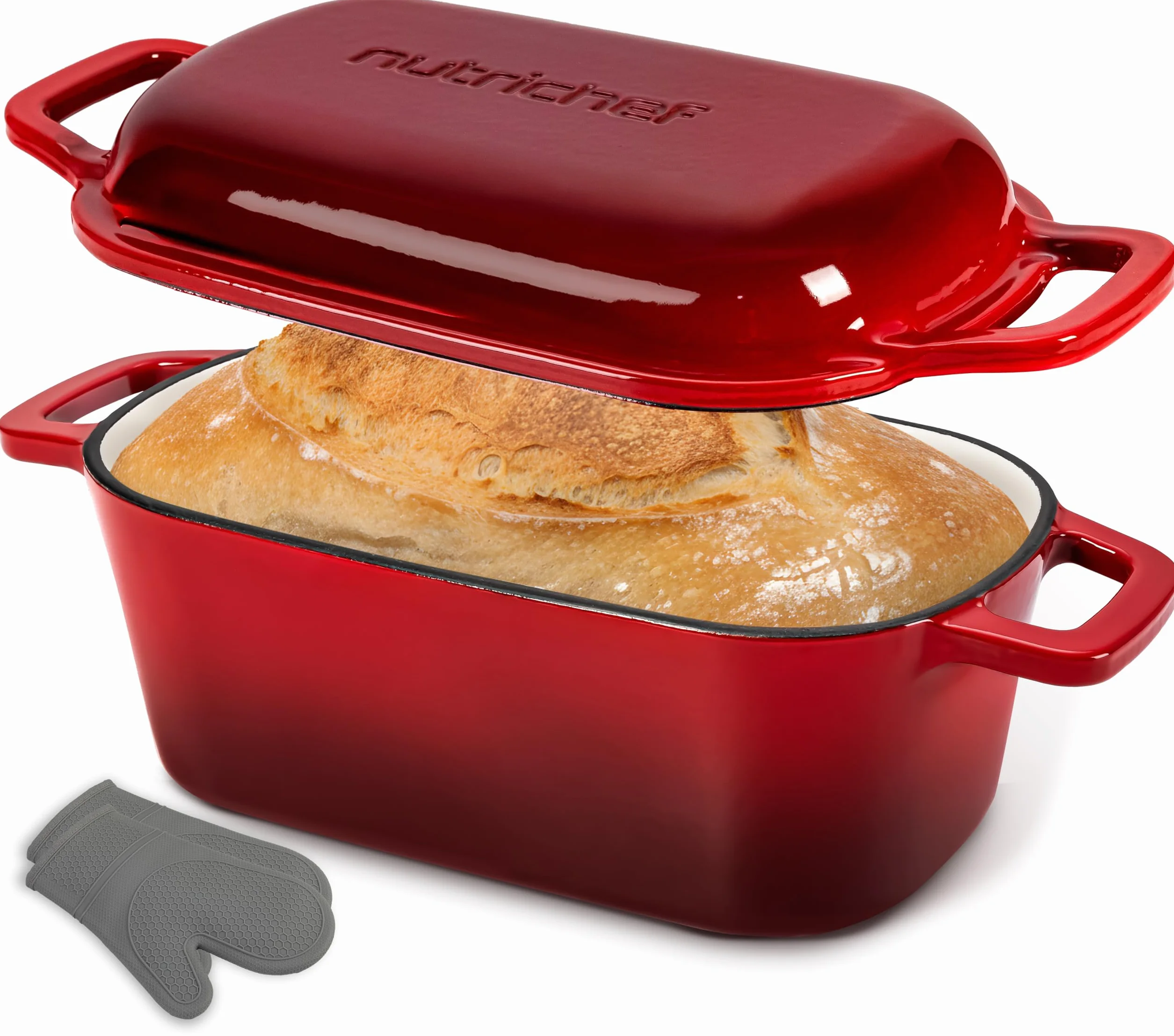 NutriChef 10" emaliowana żeliwna forma do chleba z pokrywką, owalna forma typu Dutch oven z silikonowymi rękawicami, odporna na temperaturę do 260°C, do pieczenia, pieczenia mięs, duszenia, czerwona
