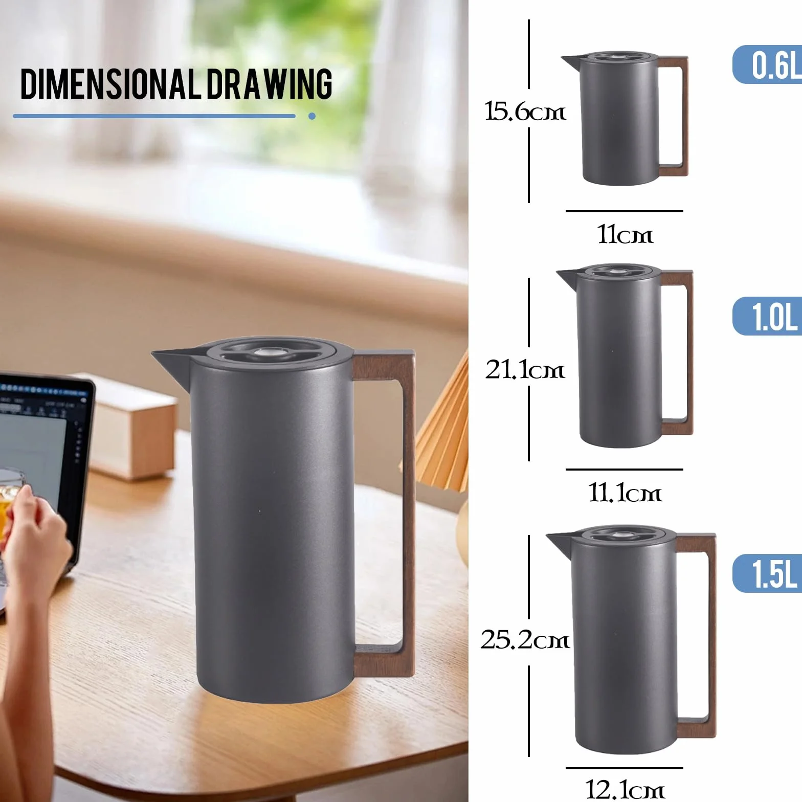 Termos izolowany dzbanek, termiczny dzbanek do kawy ze stali nierdzewnej, z drewnianym uchwytem i prostym przyciskiem bezpieczeństwa, do domu, hotelu, biura (czarny, 1,5 l)