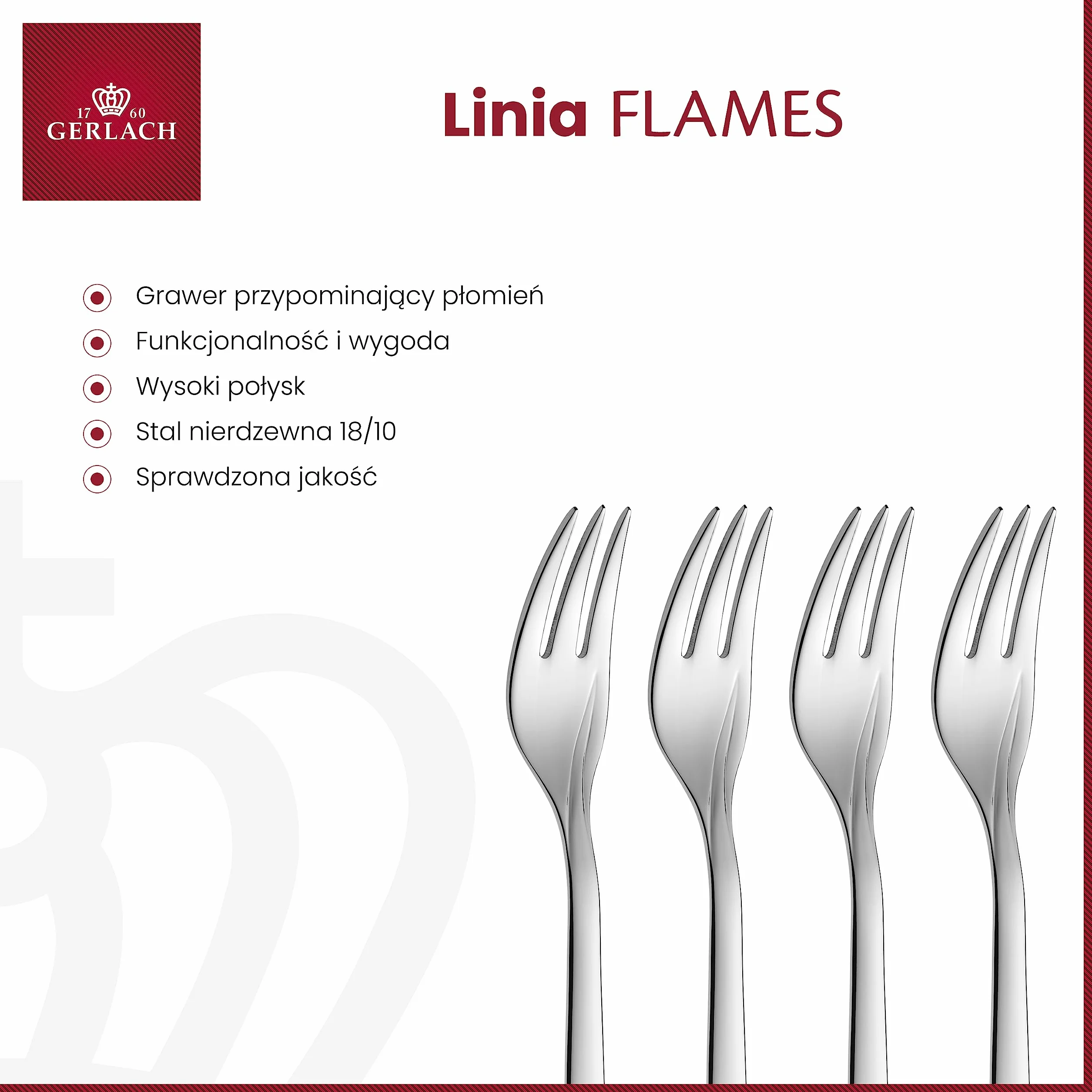 Gerlach FLAMES Zestaw Widelczyków Do Ciast i Deserów Dla 6 Osób Ze Stali Szlachetnej Nierdzewnej Komplet Widelców Deserowych Do Mycia W Zmywarce Z Błyszczącymi Płomieniami 6 Elementów