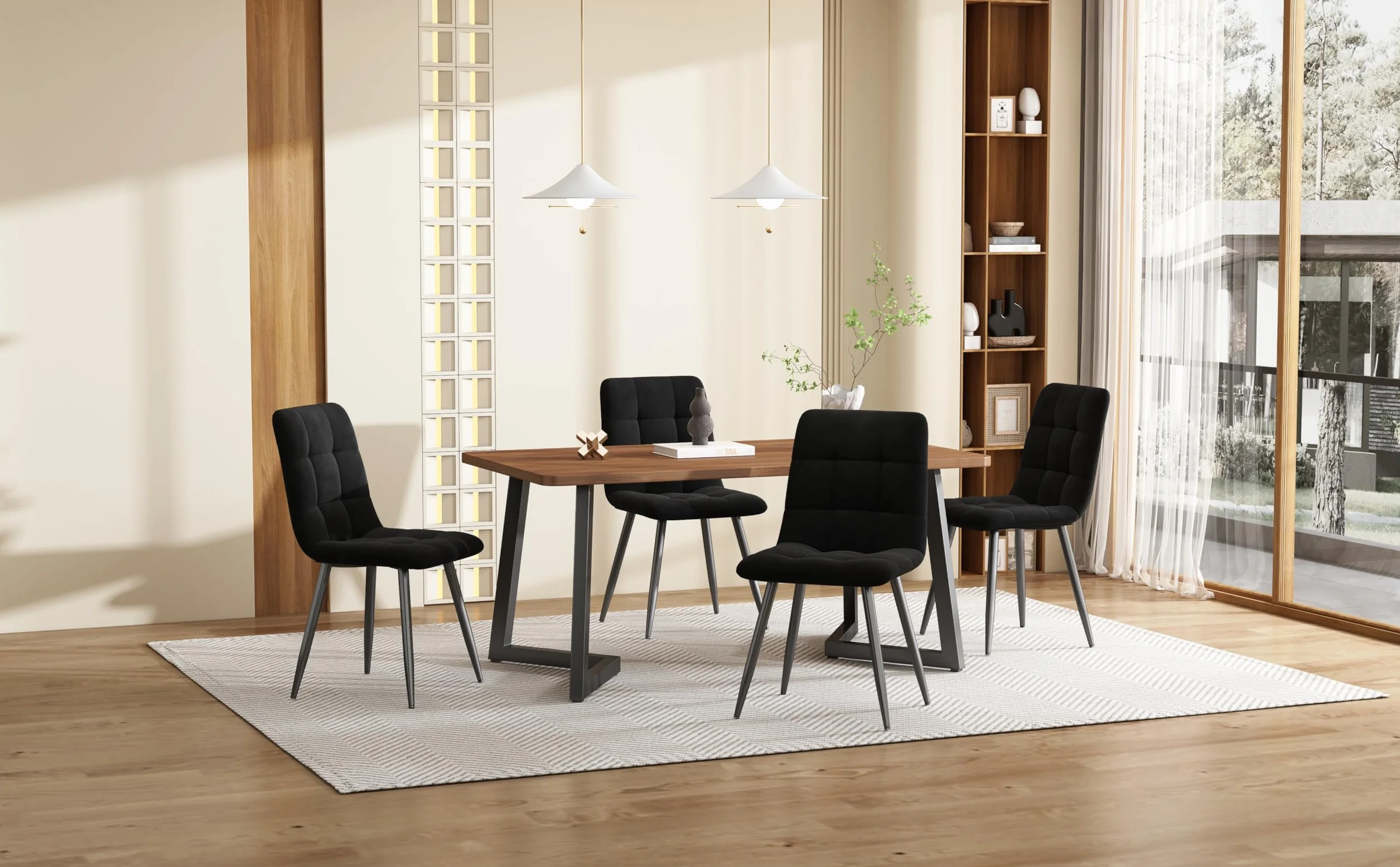 Zestaw do jadalni 5-częściowy: nowoczesny stół do jadalni z 4 aksamitnymi krzesłami, blat z płyty MDF, czarne metalowe nogi, ergonomiczny design, idealny do jadalni i kuchni, elegancki komfort.