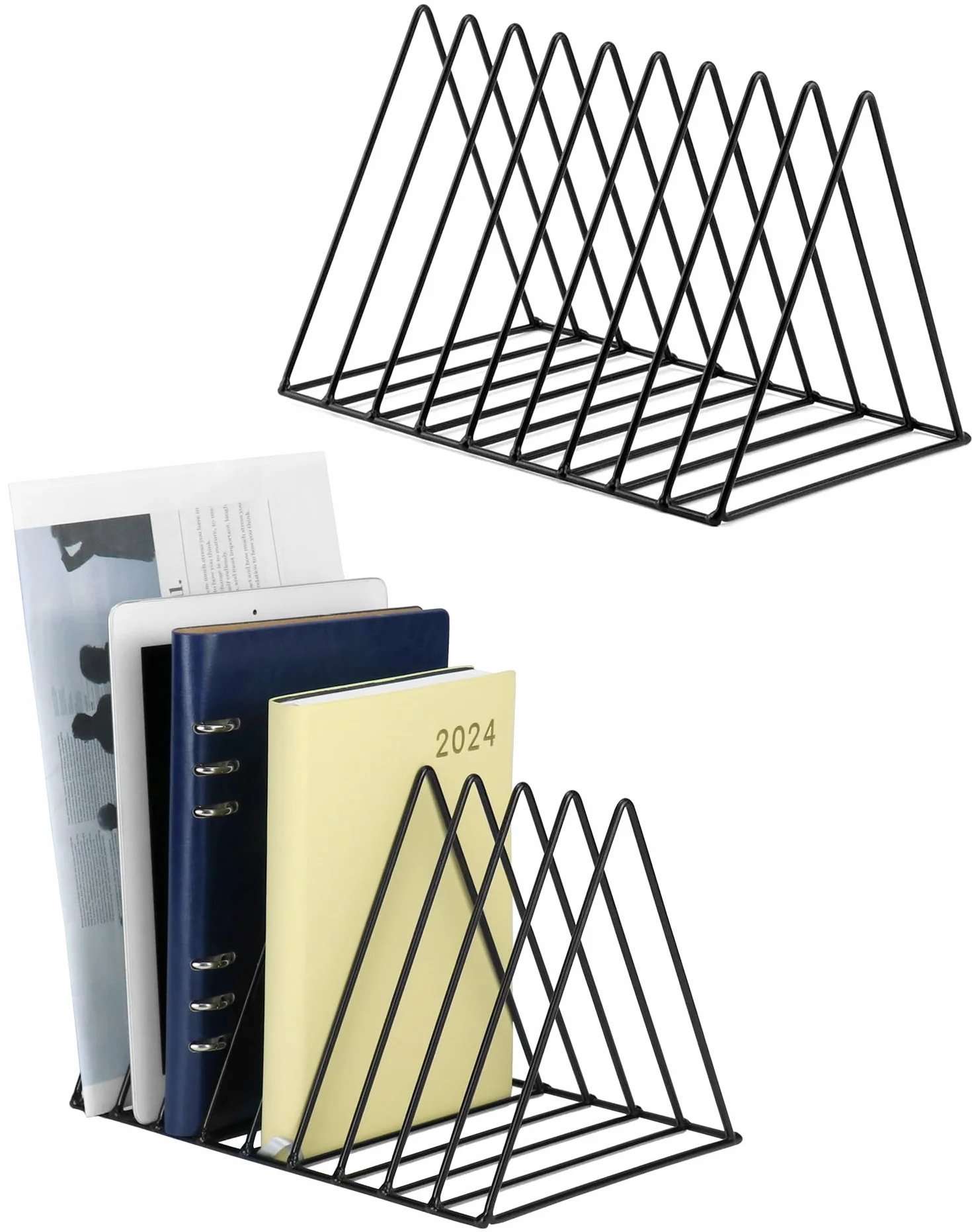 QWORK® Trójkątny organizer na książki, stojak na dokumenty, 9 przegródek, stojak na czasopisma, do przechowywania czasopism, książek, albumów fotograficznych, 2 szt