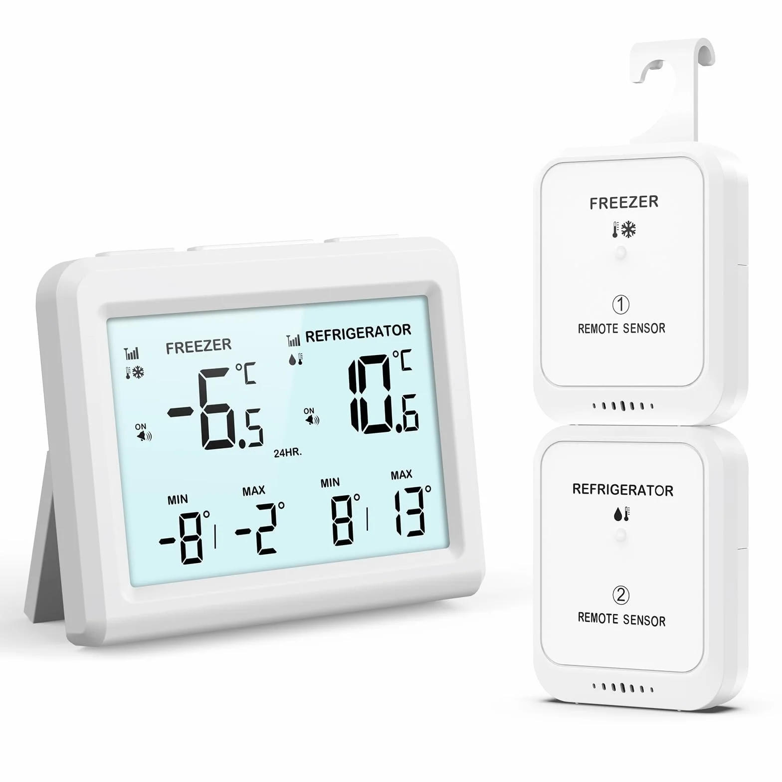 ORIA Cyfrowy termometr do lodówki 2 bezprzewodowe czujniki 3,7" ekran alarm min/max ℃/℉