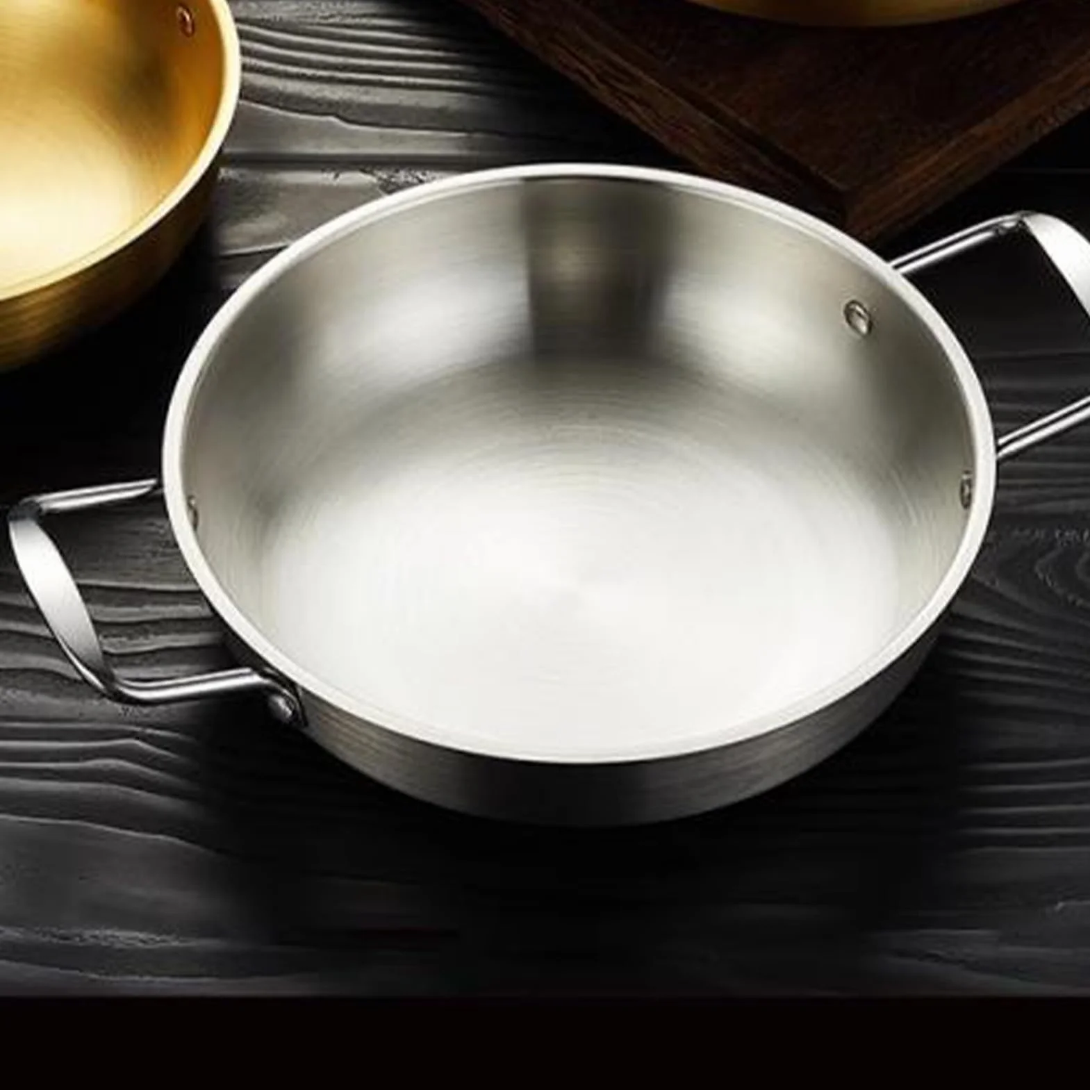Ejoyous Patelnia do gotowania wok, 20 cm, ze stali nierdzewnej z podwójnym uchwytem, 1350 ml, patelnia z płaskim dnem, do gotowania owoców morza, smażonego ryżu, głębokiego mieszania (kolor srebrny)