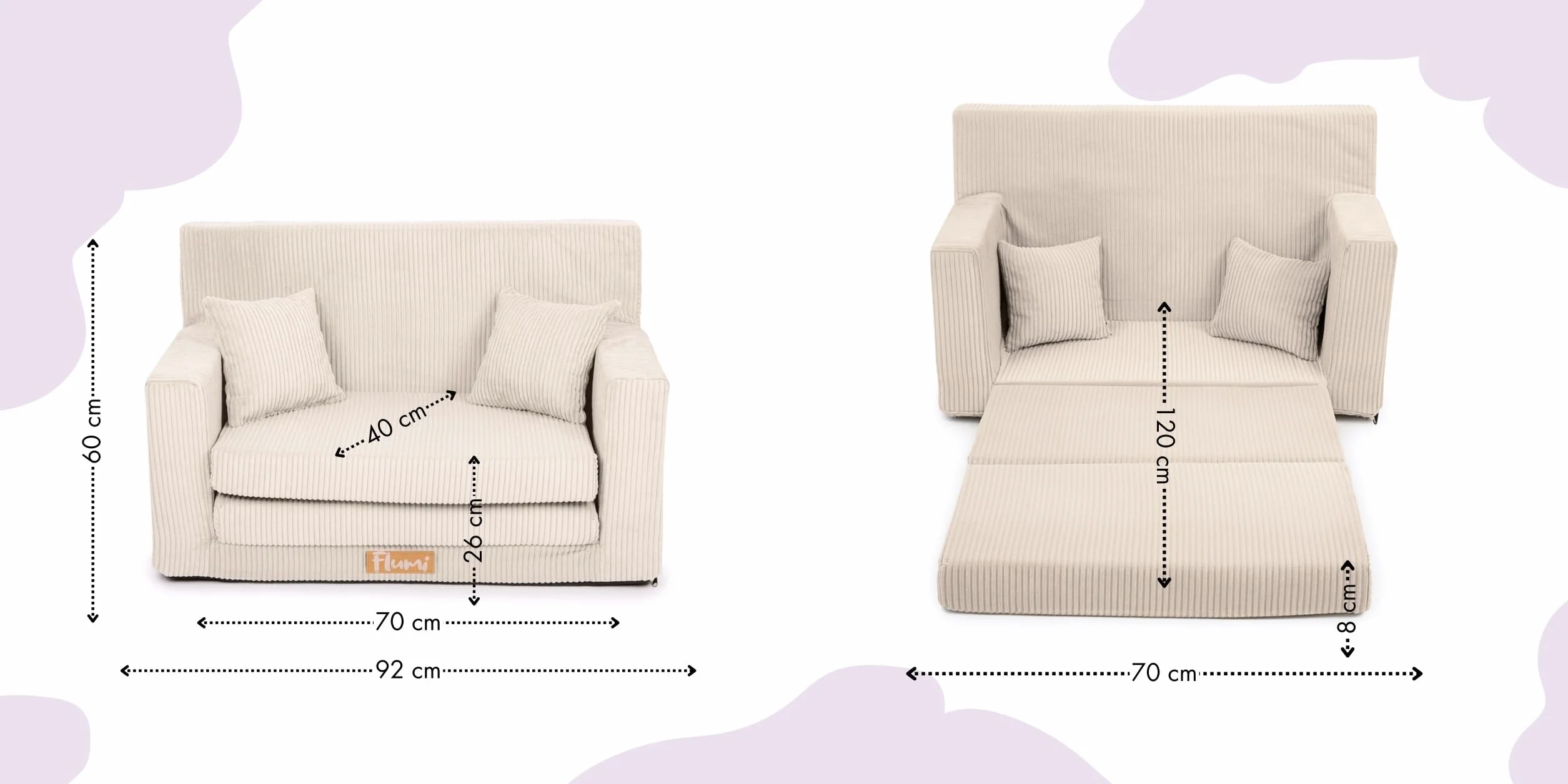 Flumi Sofa dziecięca piankowa Kanapa rozkładana dla dzieci sztruks beżowy