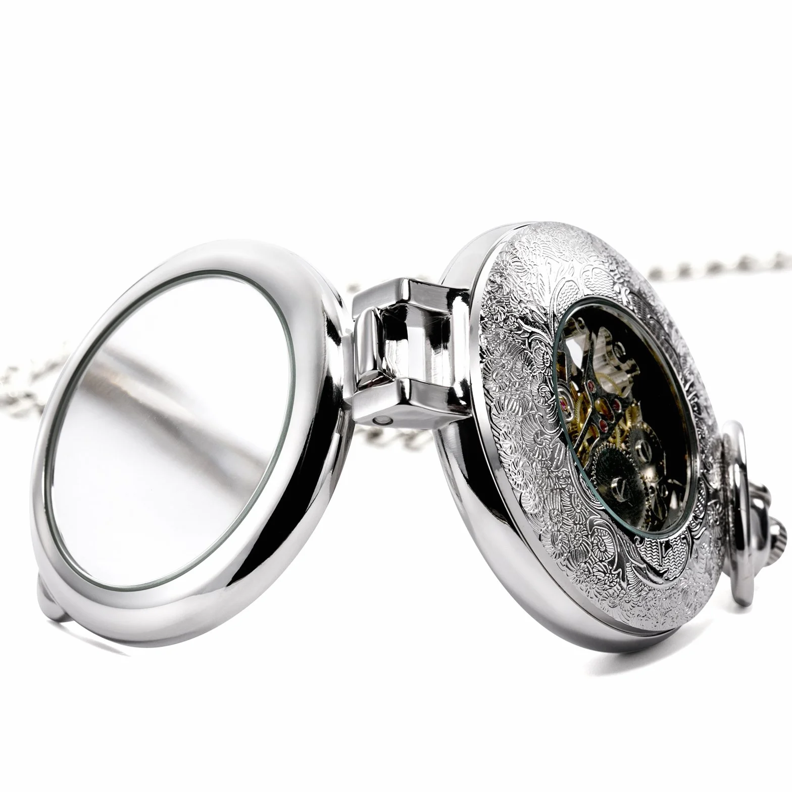 TREEWETO Steampunk mechaniczny zegarek kieszonkowy dla mężczyzn kobiet srebrna obudowa szkielet tarcza z łańcuszkiem + pudełko, Srebrny, Retro