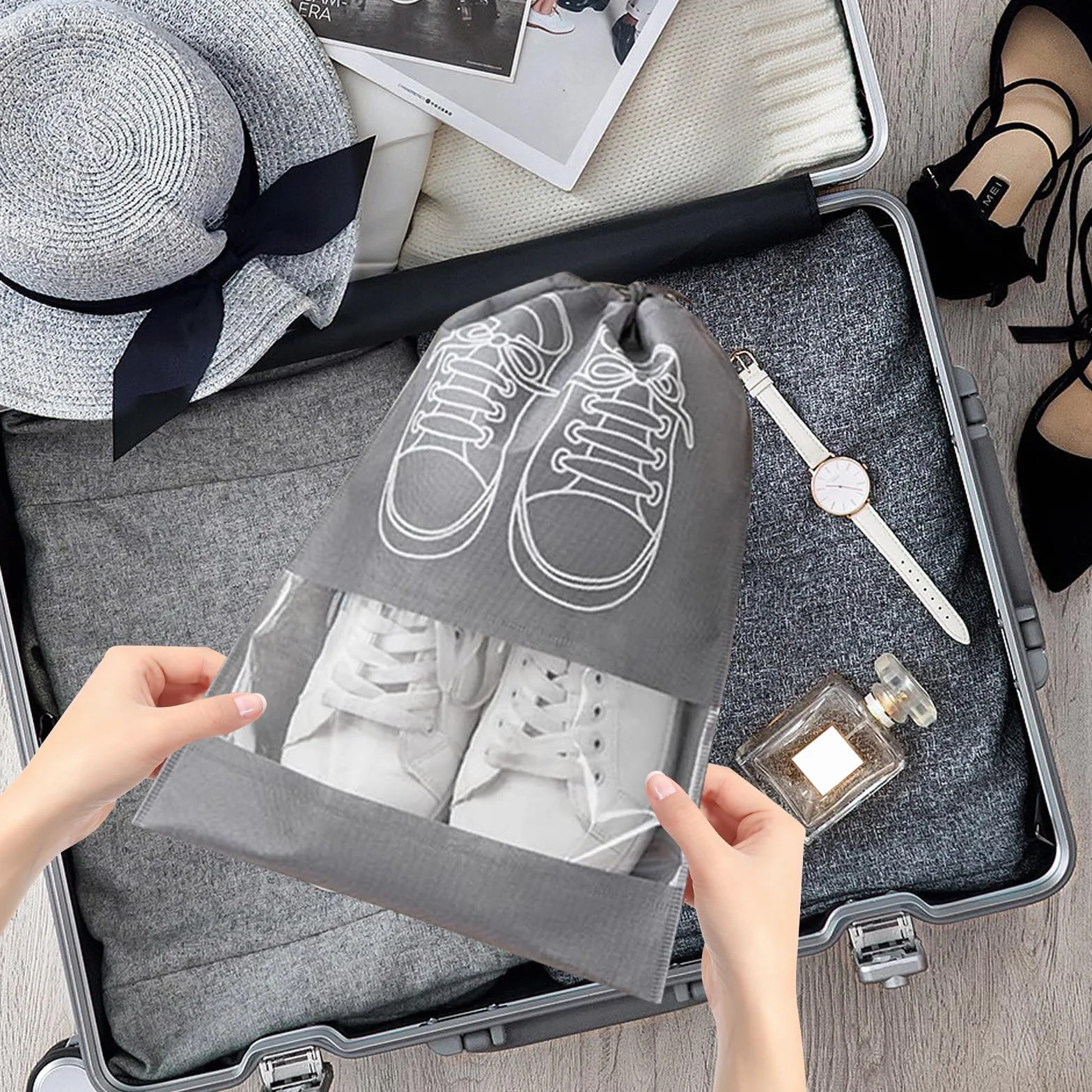10 sztuk worków na buty, podróżne, duże torby na buty z przezroczystym okienkiem, nietkane, pyłoszczelne, ze sznurkiem ściągającym, do użytku w podróży i do codziennego użytku, akcesoria