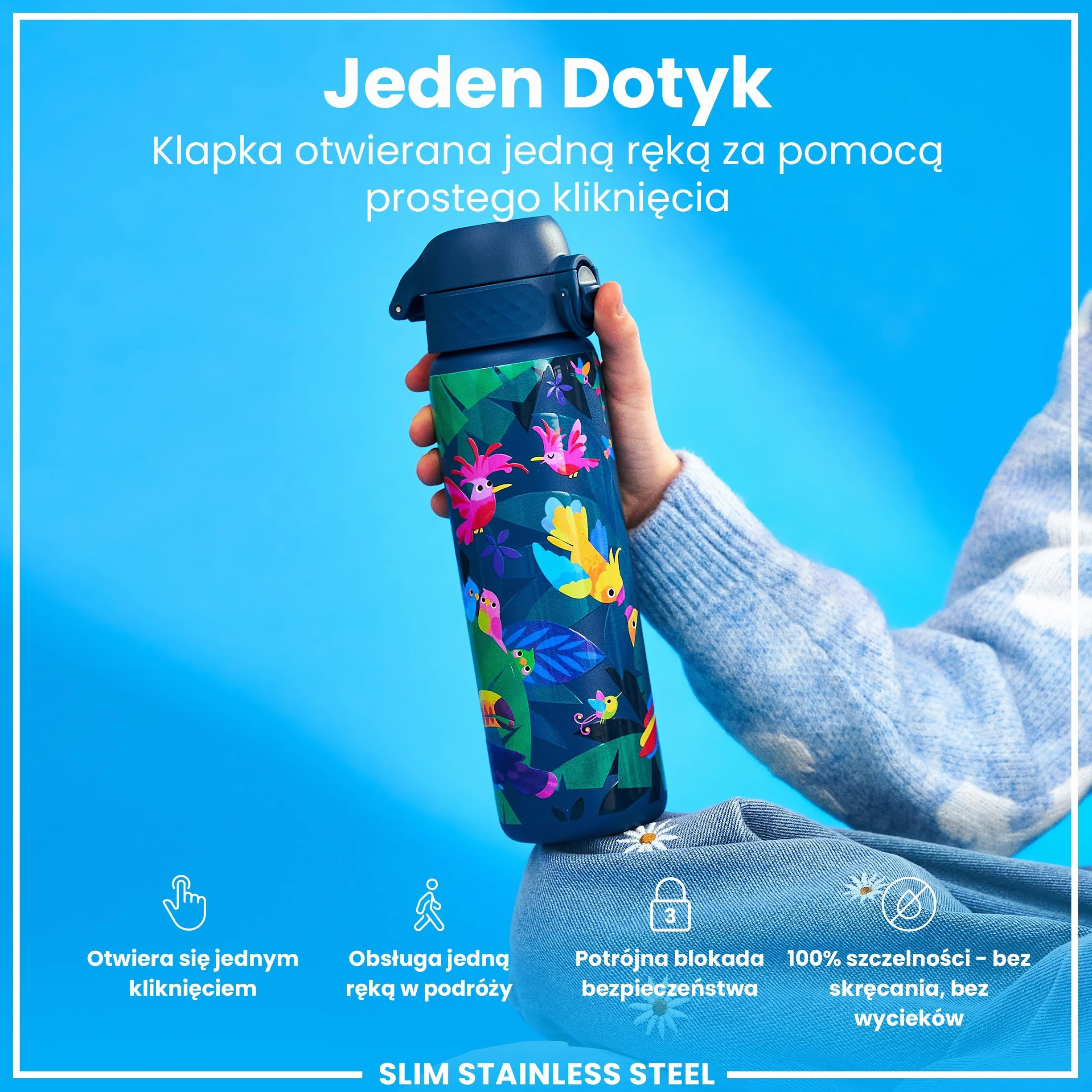 ION8 Butelka na Wodę ze Stali 600 ml Nieocieplany Szczelna Łatwe Otwieranie Bezpieczny Zamek
