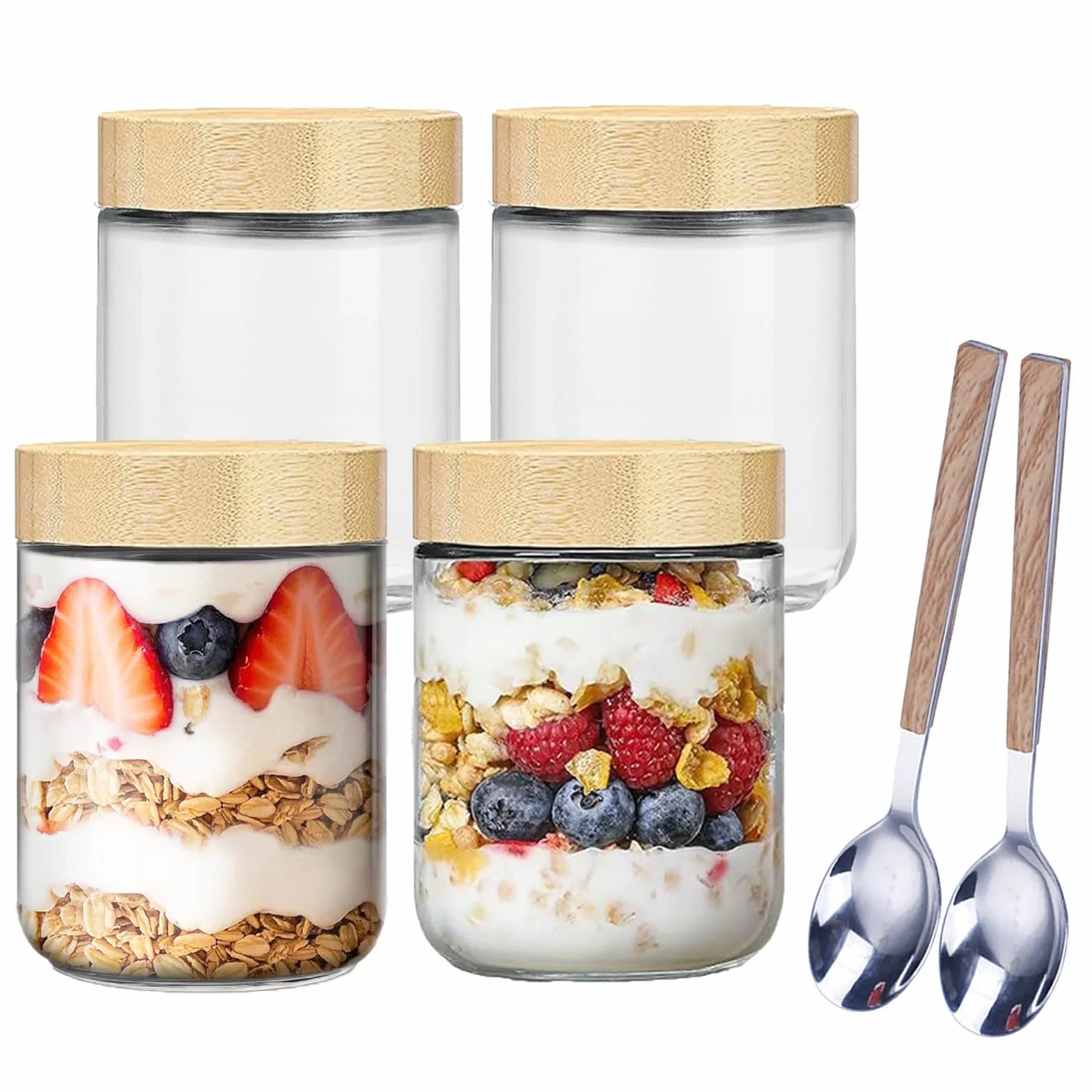 Szklane słoiki Overnight Oatmeal 500 ml 4 szt. z bambusową pokrywką i łyżką ze stali nierdzewnej
