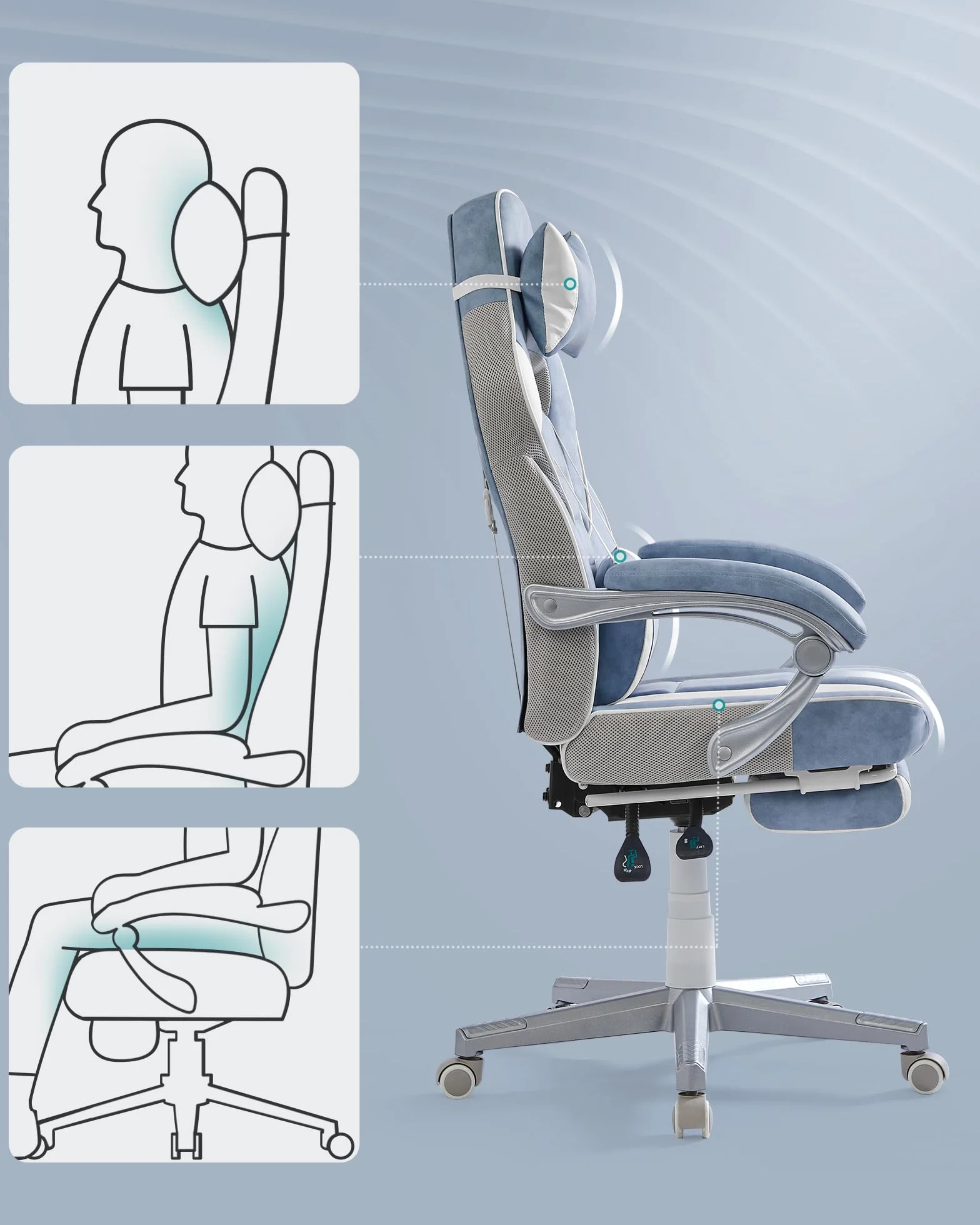 SONGMICS Fotel biurowy, fotel gamingowy, regulowany, podnóżek teleskopowy, mechanizm kołyskowy, zagłówek, podparcie odcinka lędźwiowego, obciążenie 150 kg, błękitny i kremowo-biały OBG073Q01