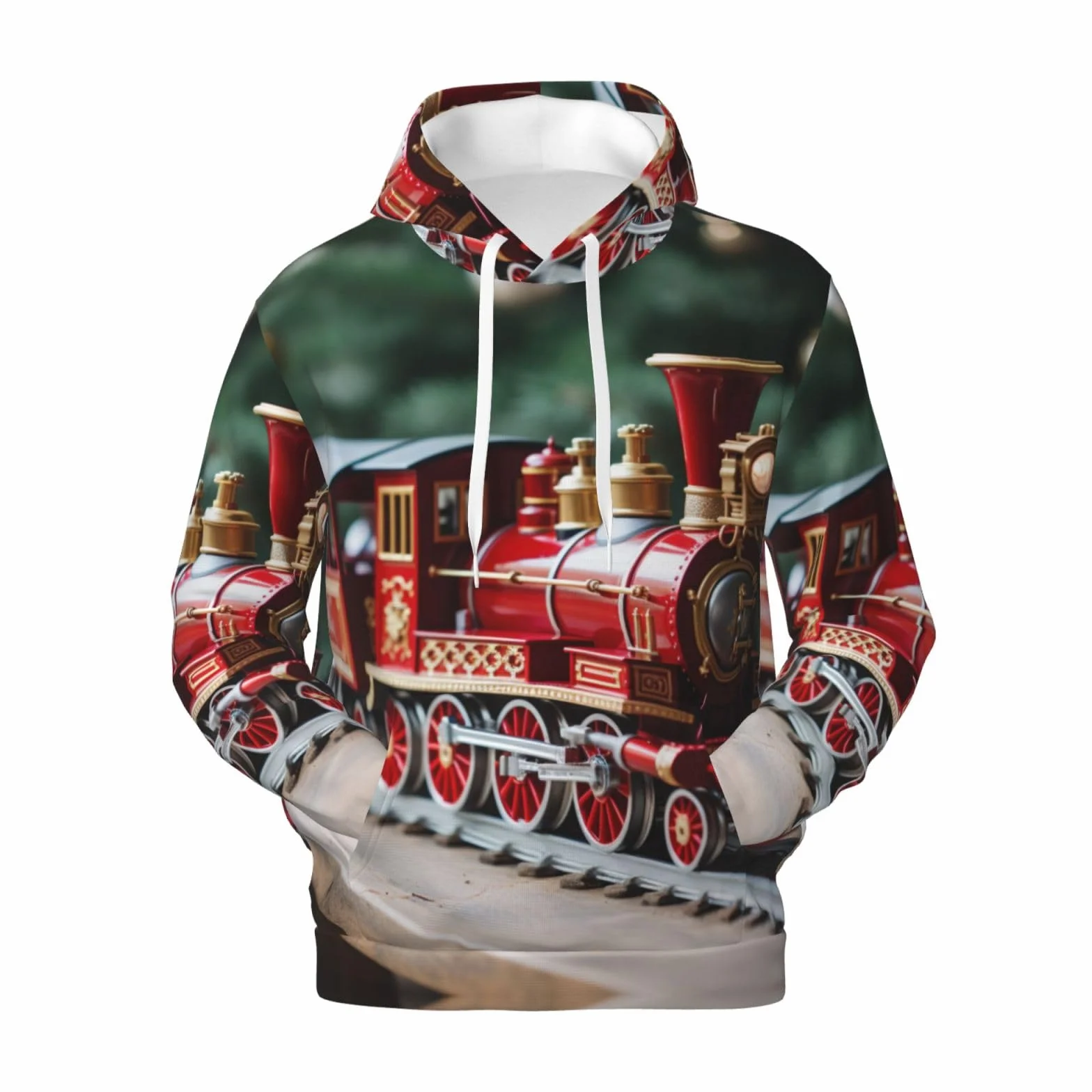 Męska bluza z kapturem z nadrukiem świątecznego pociągu, casualowa grafika z nadrukiem bluzy z kapturem z kieszenią