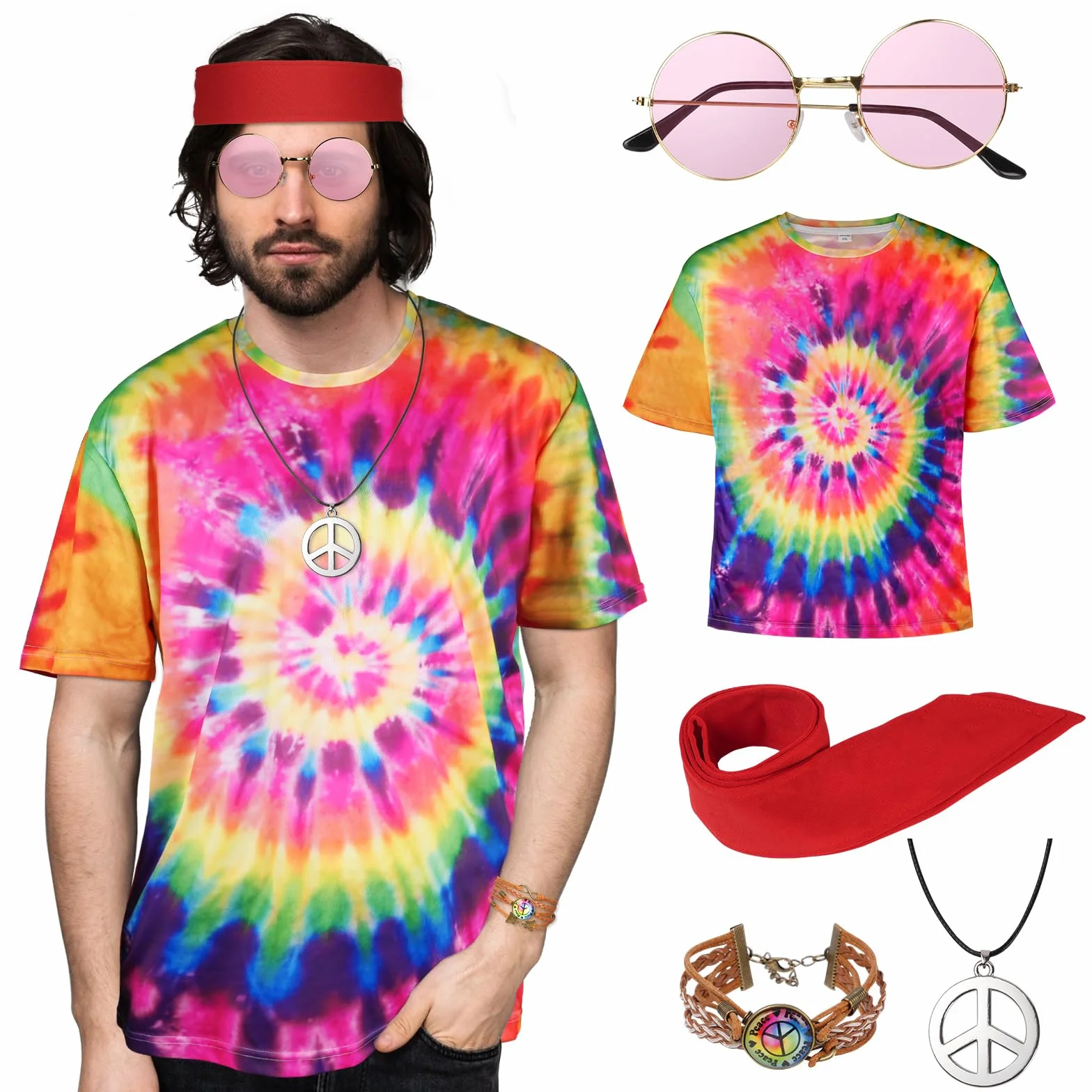 AOOWU Hippie kostium z lat 70-tych - 5 sztuk akcesoriów dla kobiet i mężczyzn z opaską na włosy, okulary przeciwsłoneczne, dyskoteka, karnawał Halloween