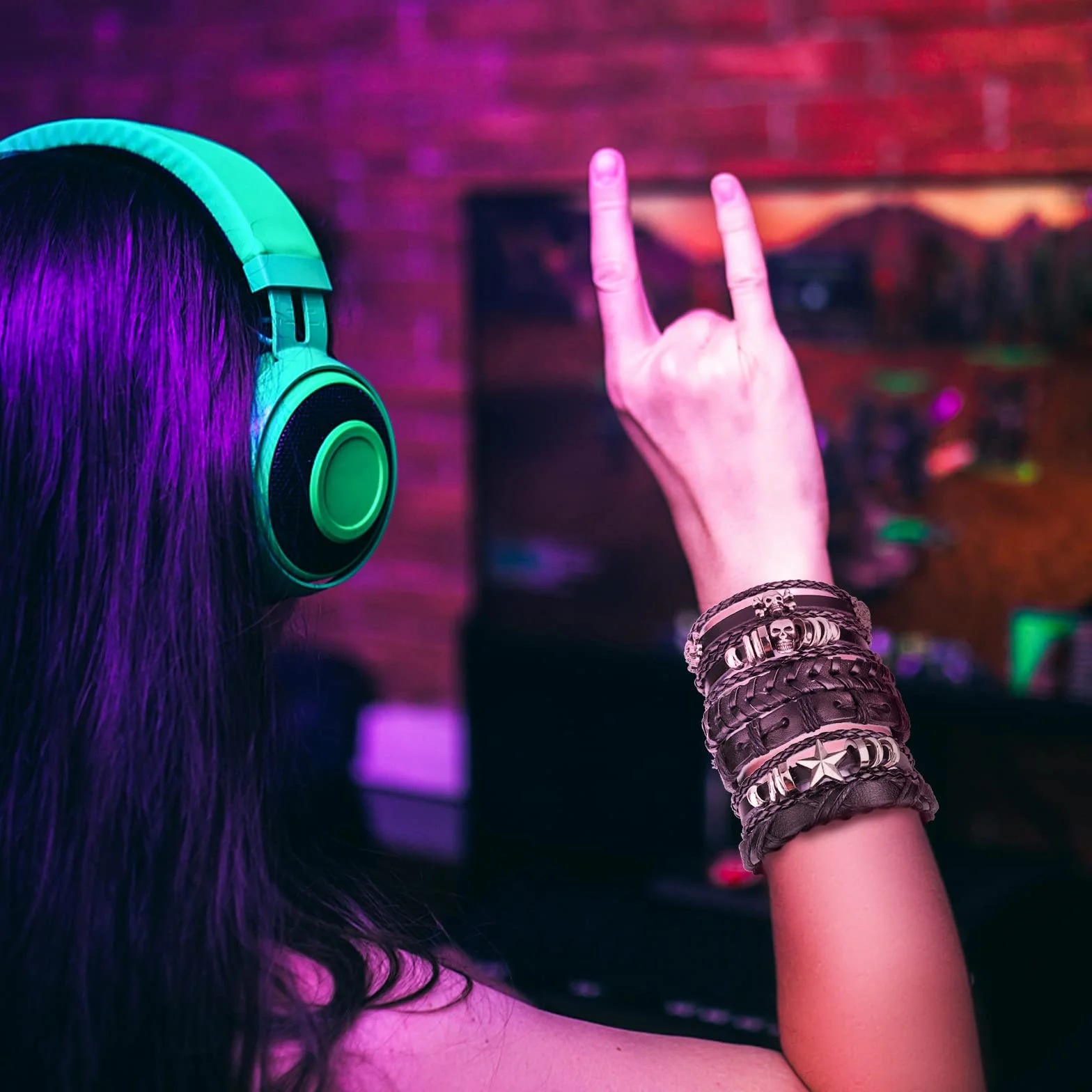 Skórzana bransoletka męska pleciona szeroka czarna punk rock czaszka zestaw regulowana długość