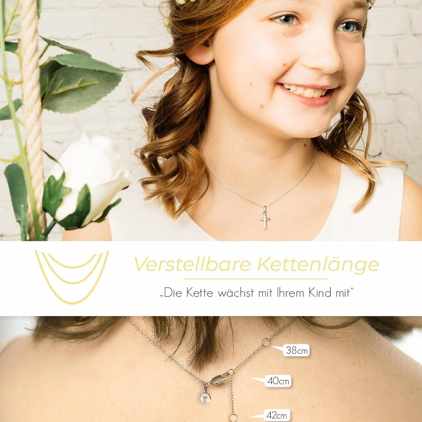 Amoonic Łańcuszek z krzyżykiem, prawdziwe srebro próby 925, wisiorek w kształcie krzyża, biżuteria dla dzieci, prezent na pierwszą komunię, chrzest, bierzmowanie, narodziny chrztu, srebrny łańcuszek z