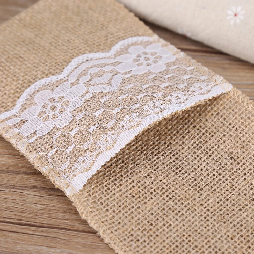 Uchwyty na Sztućce z Juty z Koronką, 10 Sztuk, 21x11 cm, Naturalne, Dekoracje Weselne i na Przyjęcia