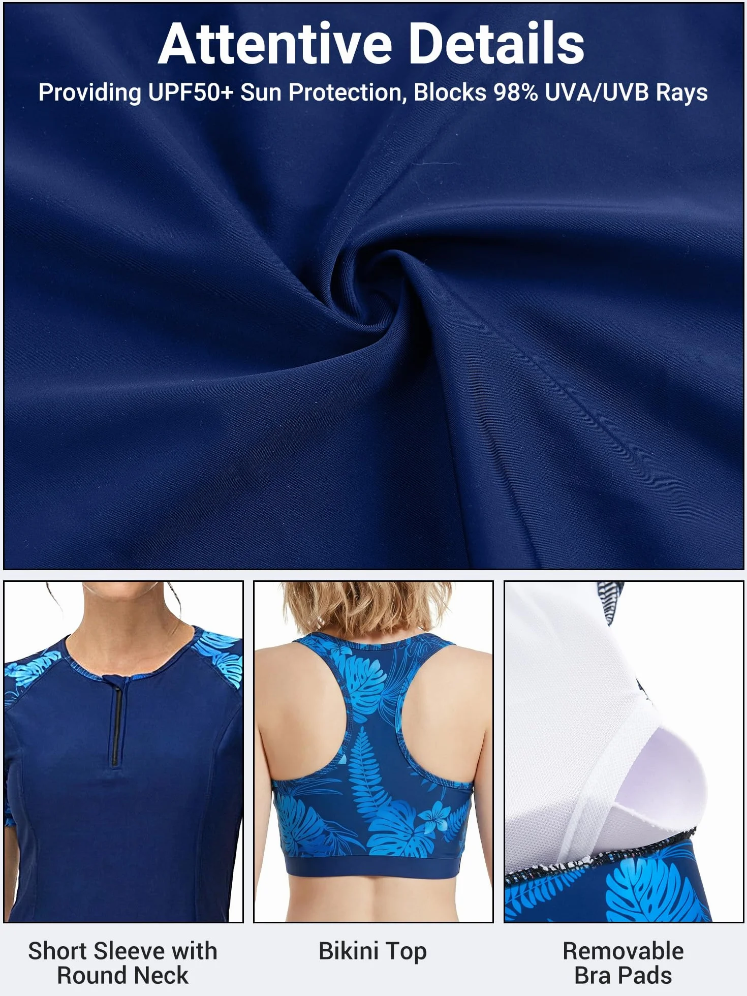 Owntop Rashguard damski zestaw 3-częściowy – koszulka do pływania z krótkim rękawem z topem i kąpielówkami, szybkoschnąca odzież kąpielowa z ochroną UV na plażę, do pływania, sportów wodnych