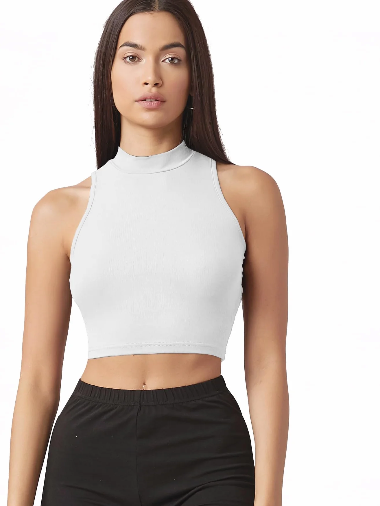 Sugathari Damski dziewczęcy top z wysokim dekoltem, prążkowany, Crop Tank Top (Top 37)