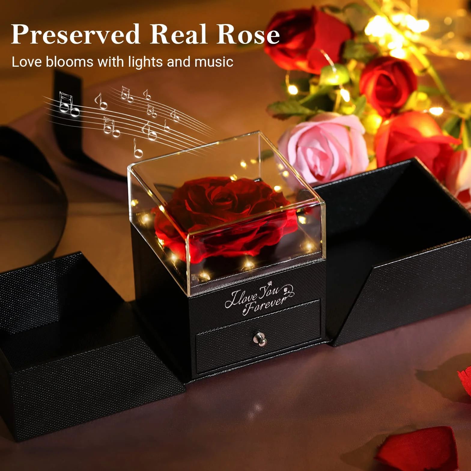 Emibele Preserved Real Rose S925 Sterling Silver Necklace I Love You 100 Languages Eternal Rose Box Music Lights Romantic Birthday Gifts Women