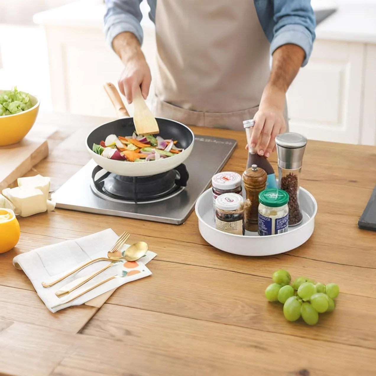 Lazy Susan gramofon, stojak do przechowywania w kuchni, obrotowy stojak na przyprawy, organizer na przyprawy ze stali nierdzewnej, przechowywanie i organizacja w kuchni (25 cm)