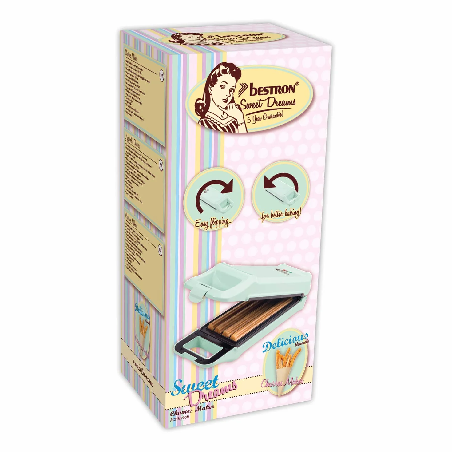Bestron Churros Maker, gofrownica na maks. 4 churros, styl retro, 700 W, Sweet Dreams, miętowy