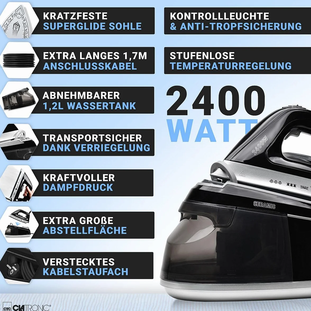 Clatronic Stacja parowa z żelazkiem parowym 3,5 bar 2400 W 1,2 l DBS 3749