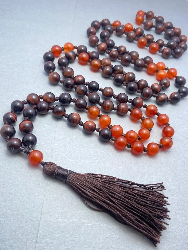 Naturalne czerwone tygrysie oko i czerwony onyks 8 mm 108 koralików mala, duchowe, koraliki medytacyjne, Reiki, Japa Mala, buddyjskie koraliki modlitewne, bransoletka do jogi, koraliki lecznicze