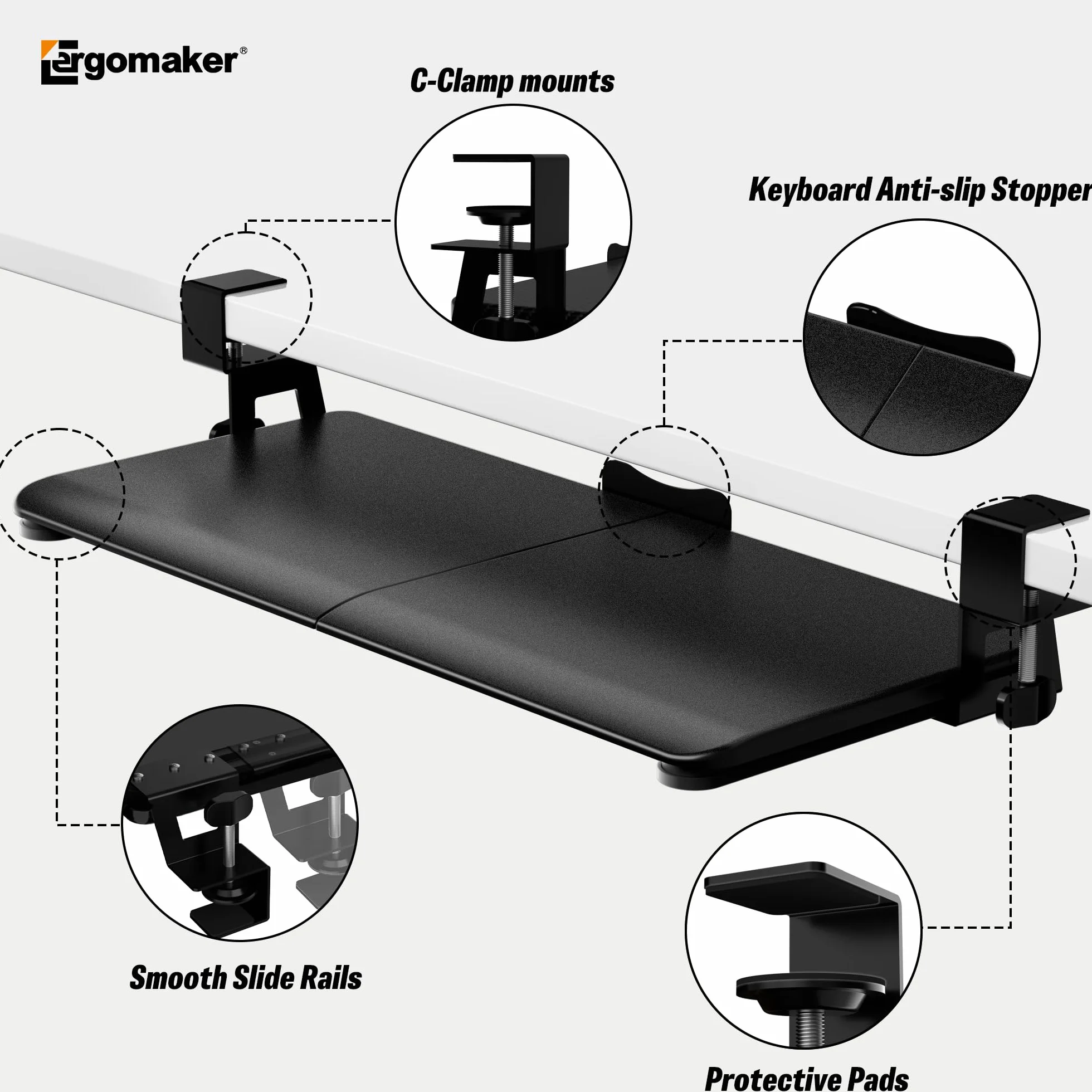 ERGOMAKER Półka na klawiaturę z uchwytem zaciskowym C, ergonomiczna, czarna