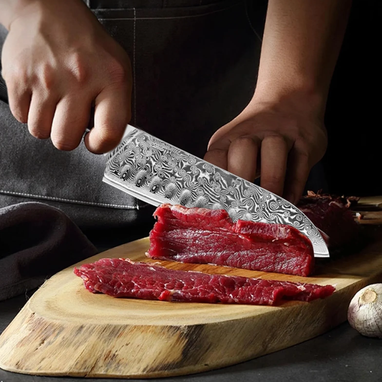 Nóż Santoku damasceński japoński szefa kuchni z ostrzałką, prezent