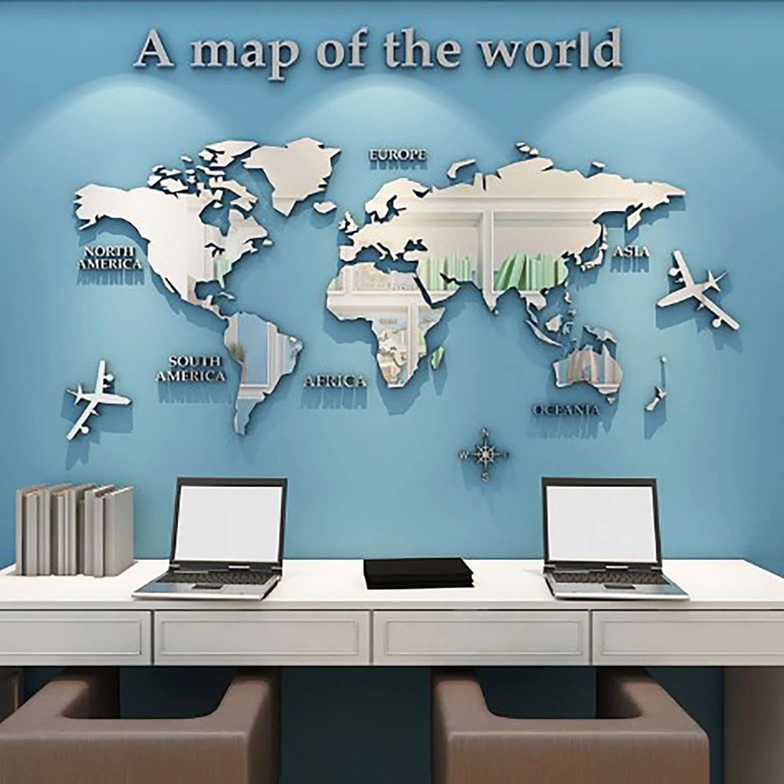 Pegatinas 3D Mapa del Mundo - Murales Decorativos de Pared para Oficina, Dormitorio, Sala - Calcomanía DIY Acrílica Negra 47,24 Pulgadas