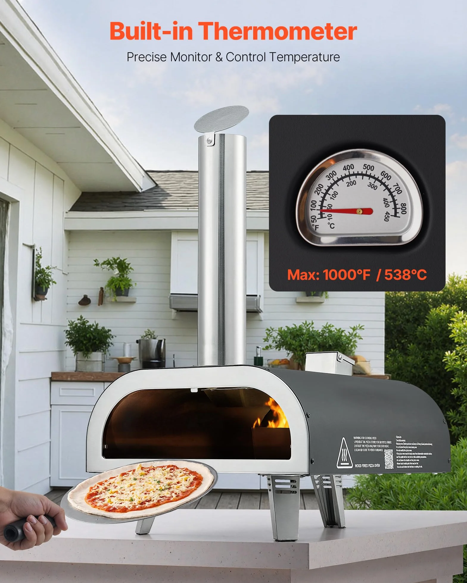 VEVOR Zewnętrzny piec do pizzy 30 cm opalany drewnem z termometrem przenośny czarny