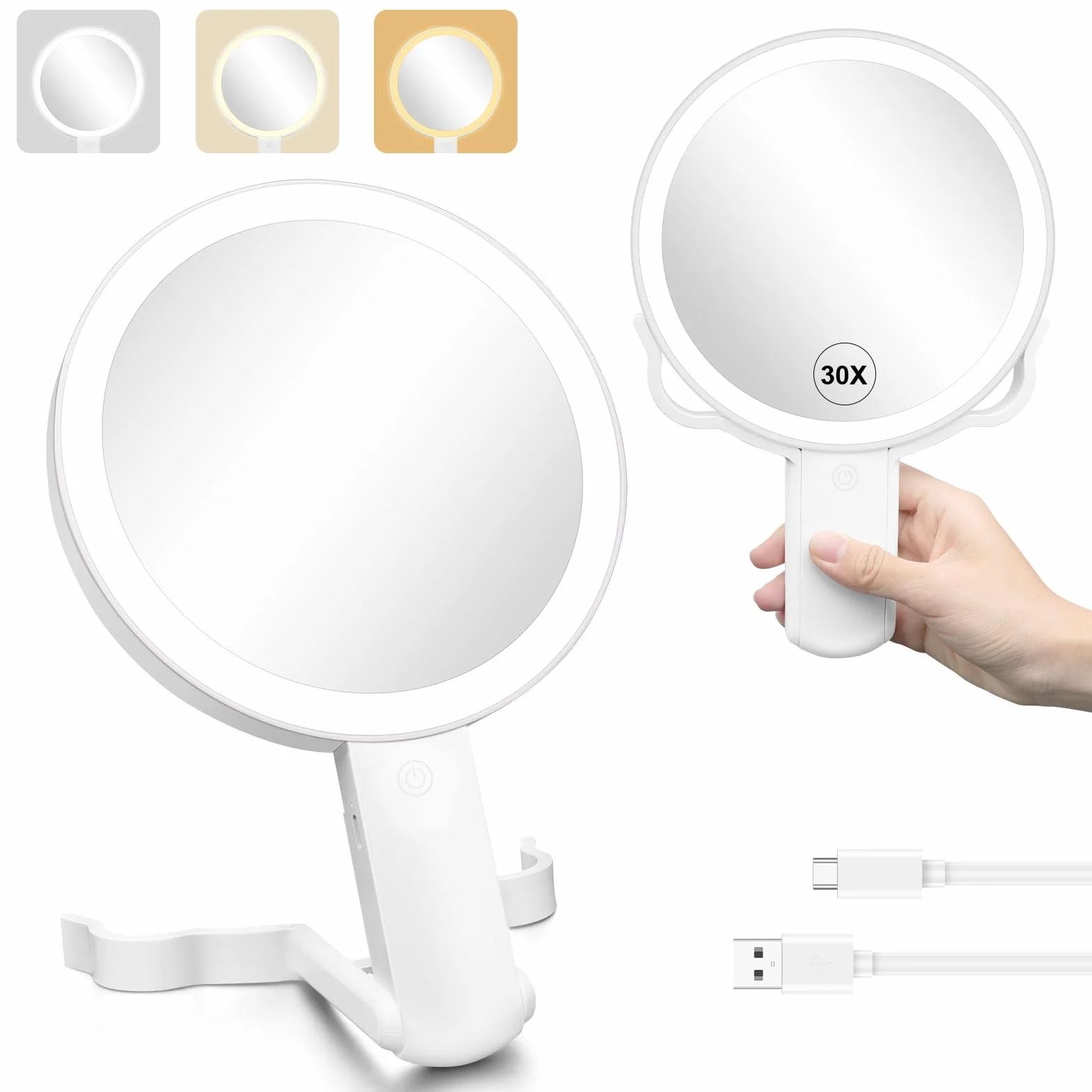 Podróżne lusterko do makijażu ze światłami, dwustronne powiększające 30X/1x, 3 kolory światła, regulacja jasności, obrót 360°