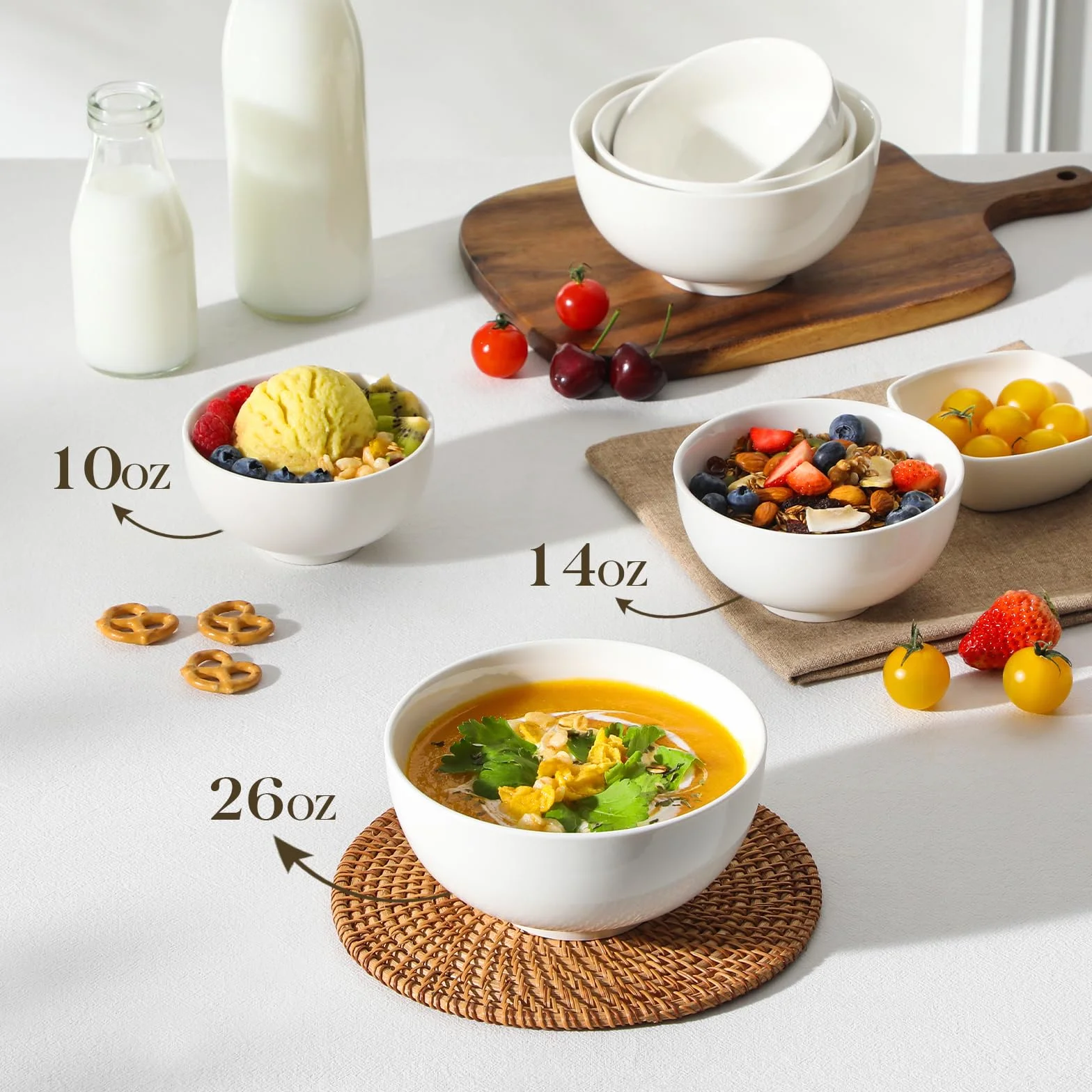 MALACASA Regular Series 4 szt. białych porcelanowych misek na płatki 780 ml, okrągłe miski śniadaniowe, miski do sałatek 15 cm, miski do sałatek, miski do zupy i ryż