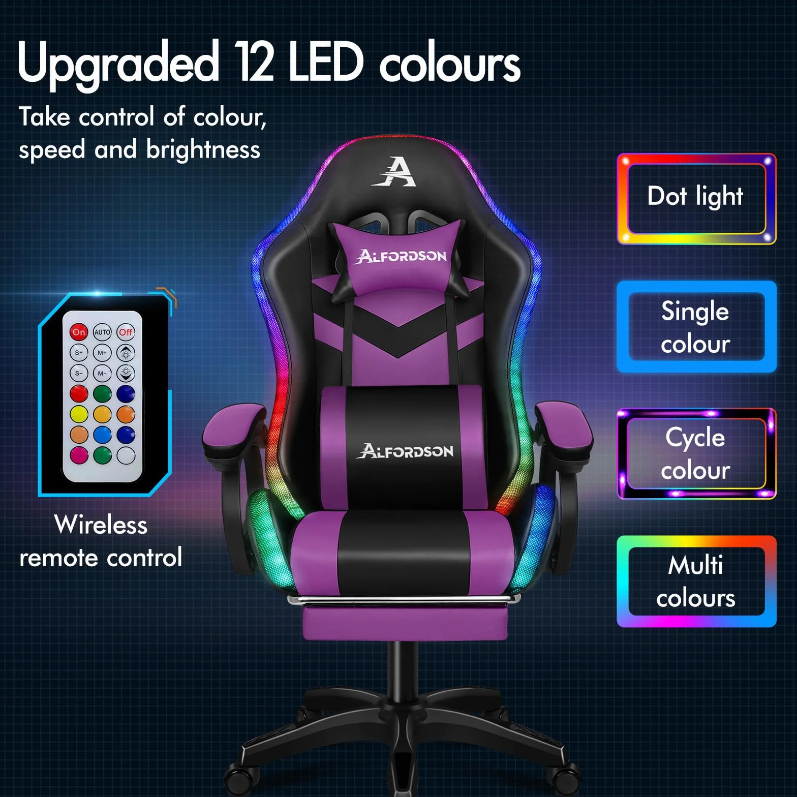 ALFORDSON Fotel gamingowy z 8-punktowym masażem, 12 kolorów światła RGB LED, ergonomiczne krzesło biurowe z podnóżkami, zagłówek, poduszka lędźwiowa dla dzieci i dorosłych, fioletowe