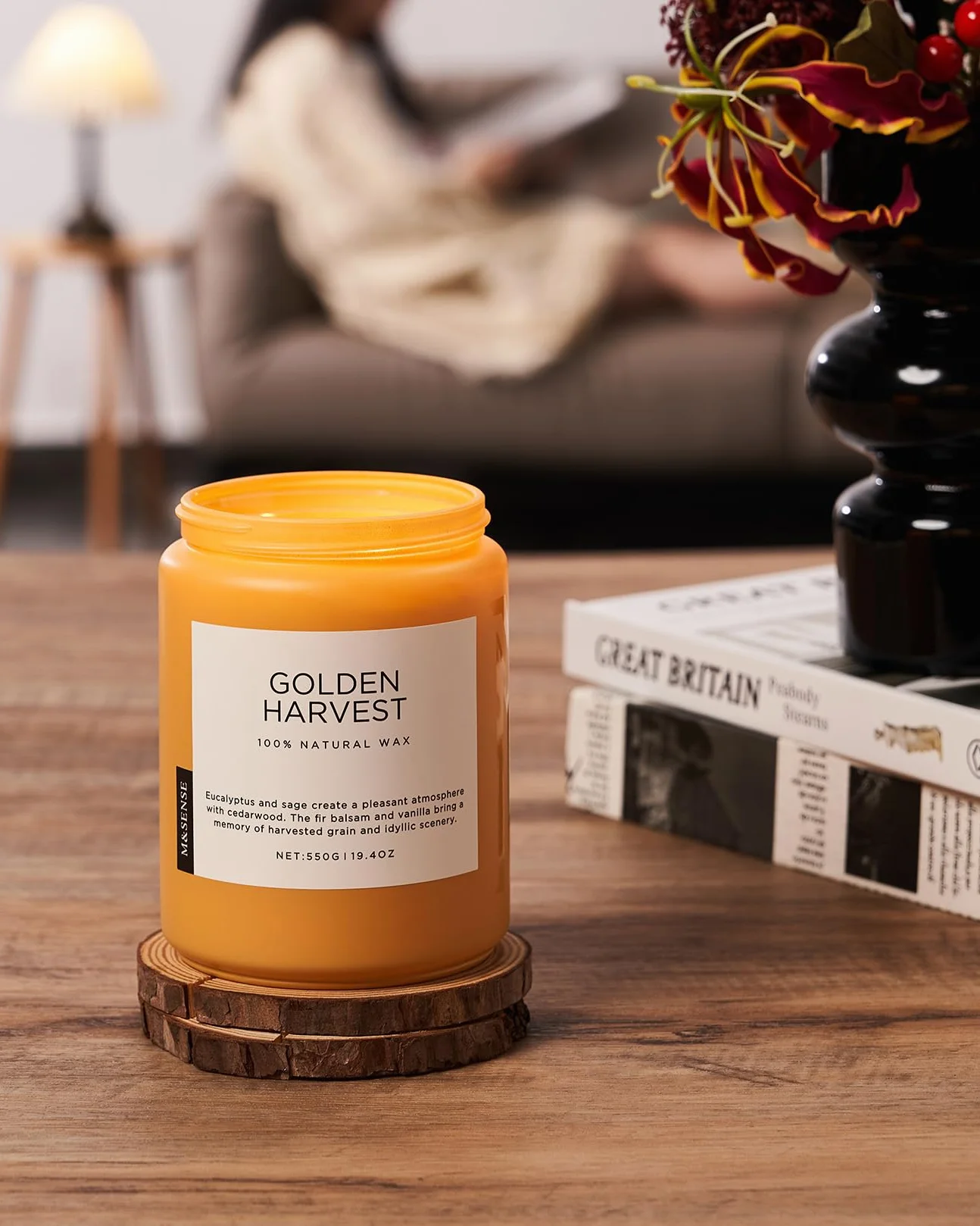 M&SENSE Złote zbiory Świece sojowe w szkle 2 knoty 550g 110h Eukaliptus & Balsamtuja prezent