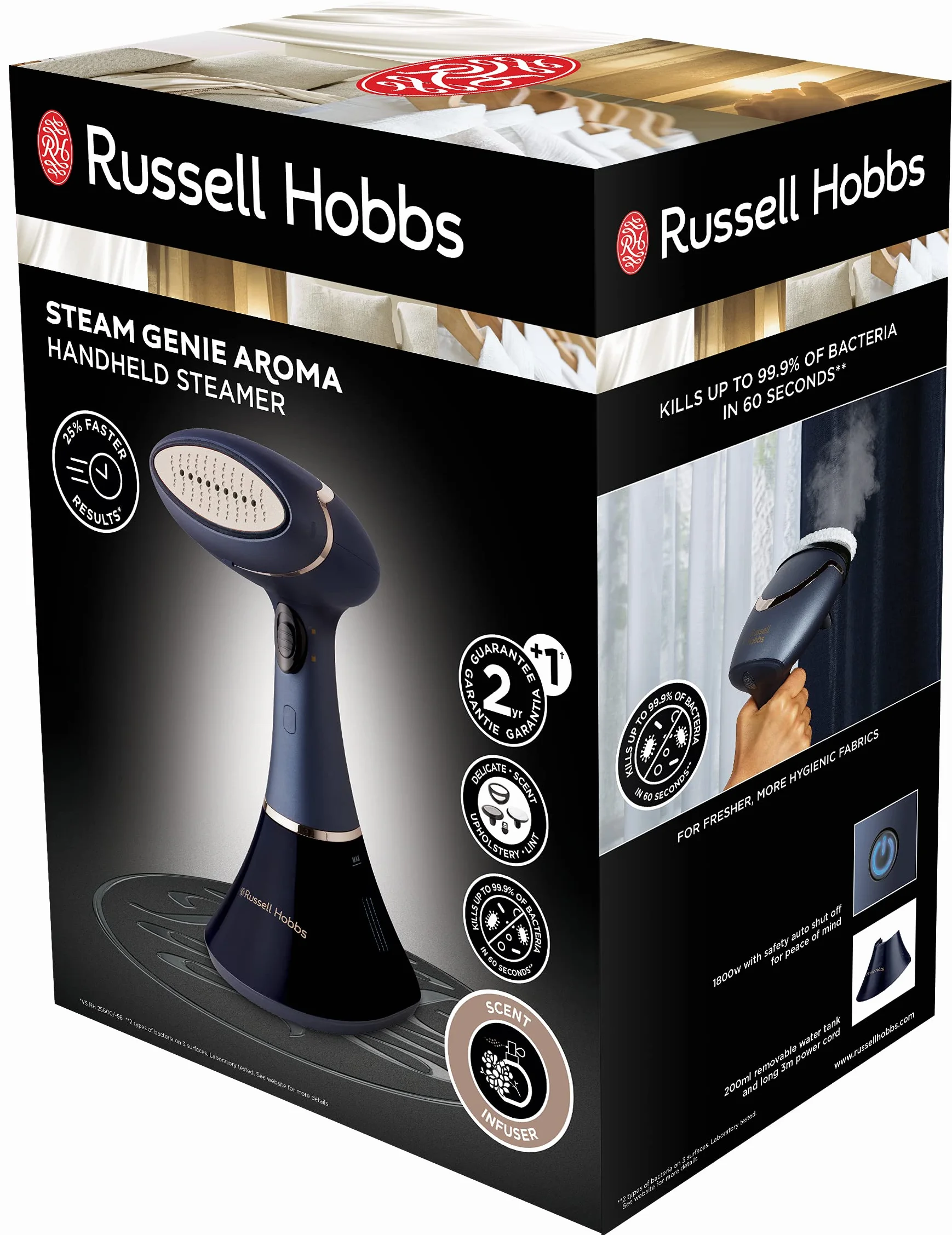 Russell Hobbs parownica do ubrań Steam Genie Aroma 1800W ceramiczna płyta 32g/min 4 akcesoria 28041-56