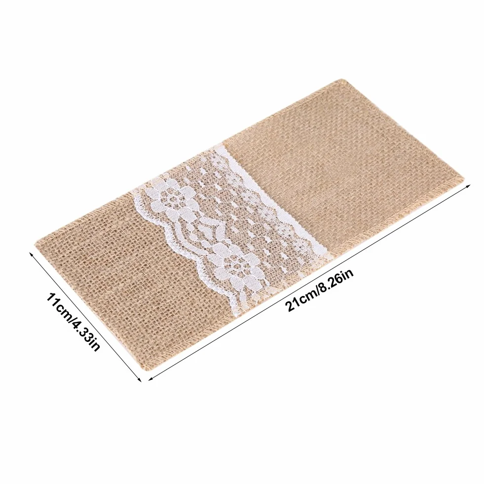 Uchwyty na Sztućce z Juty z Koronką, 10 Sztuk, 21x11 cm, Naturalne, Dekoracje Weselne i na Przyjęcia