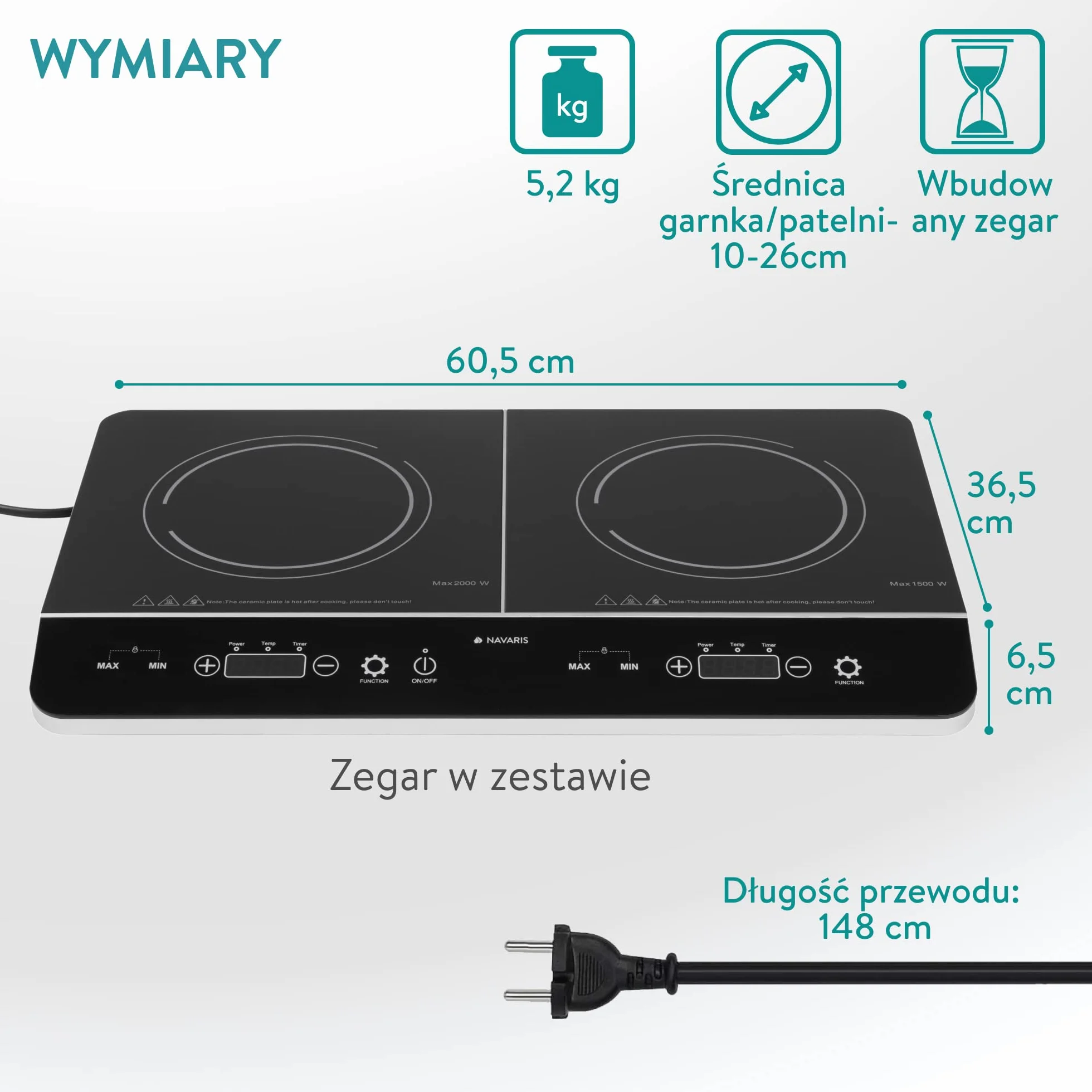 Navaris Podwójna P?yta Indukcyjna 3500 Watt 2 P?yty Grzewcze Z Timerem Wy?wietlacz Dotykowy Wykrywanie Garnków P?yta Indukcyjna Przeno?na