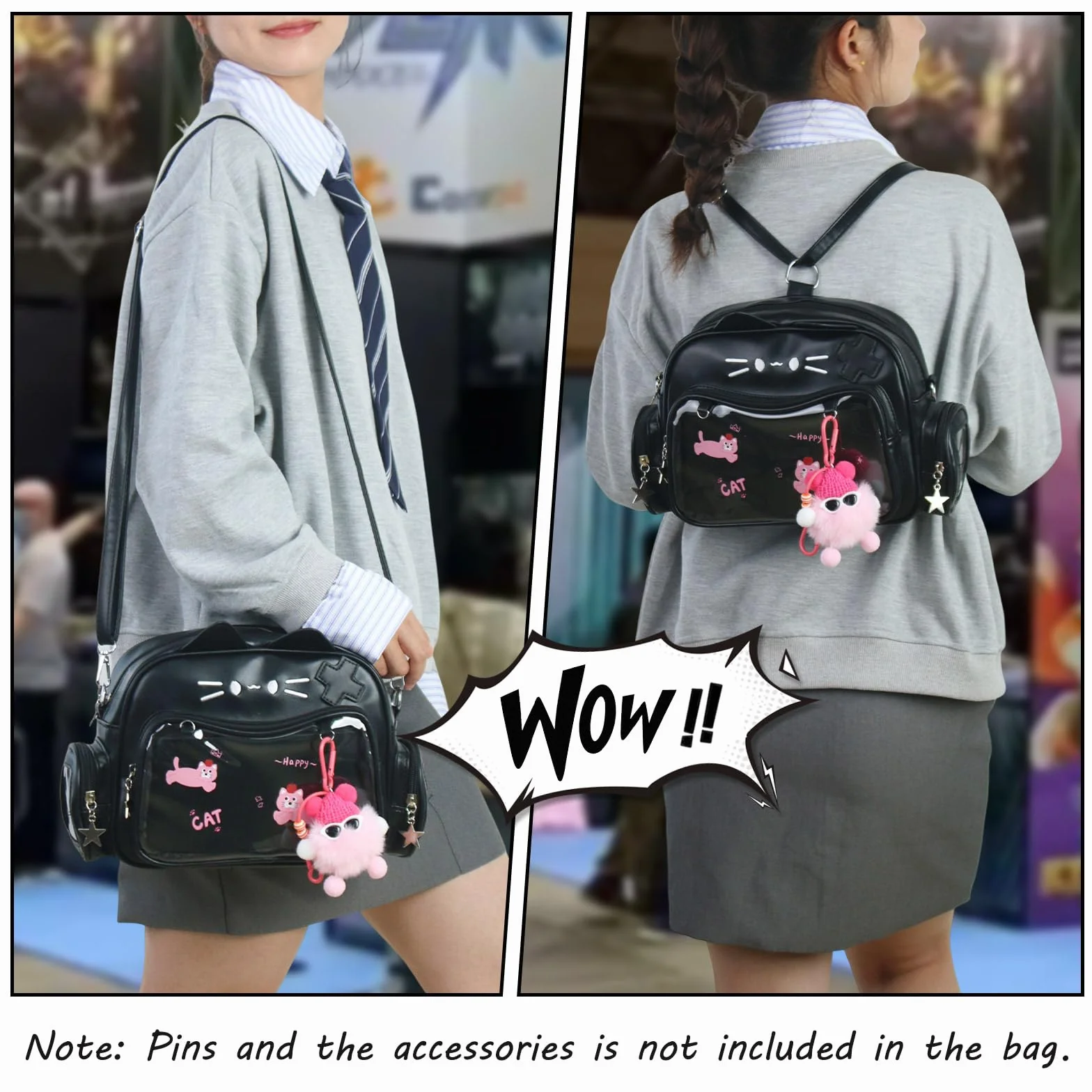 Kawaii Ita Bag plecak z paskiem na ramię w kształcie kota, wielofunkcyjny stojak na przypinki z wkładką