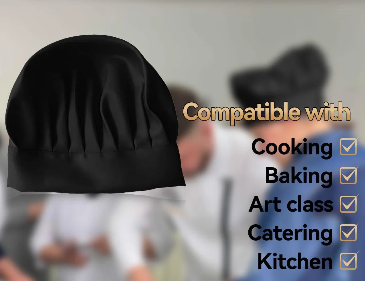 Czapka kucharska, regulowana, uniseks, dla dorosłych, kobiet, mężczyzn, restauracji, grilla, pieczenia, kawiarni, hotelu, szkoły, na lekcje gotowania, imprezy (czarna)