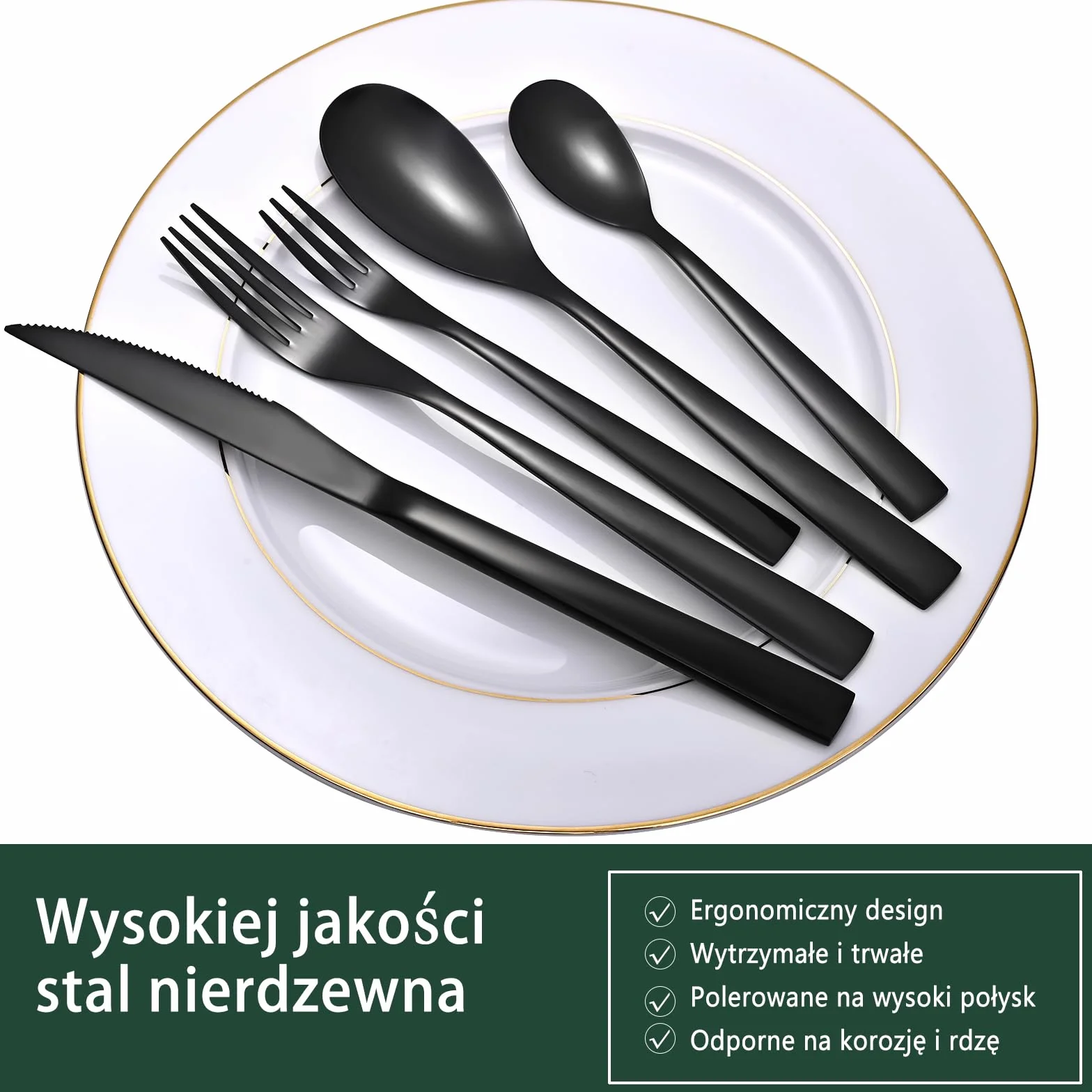 Otto Koning Berlin Black sztućce dla 4 osób, 20-częściowy zestaw sztućców, tytanowa czarna powłoka i polerowana stal nierdzewna, nowoczesne sztućce z nożem do steków dla 4 osób