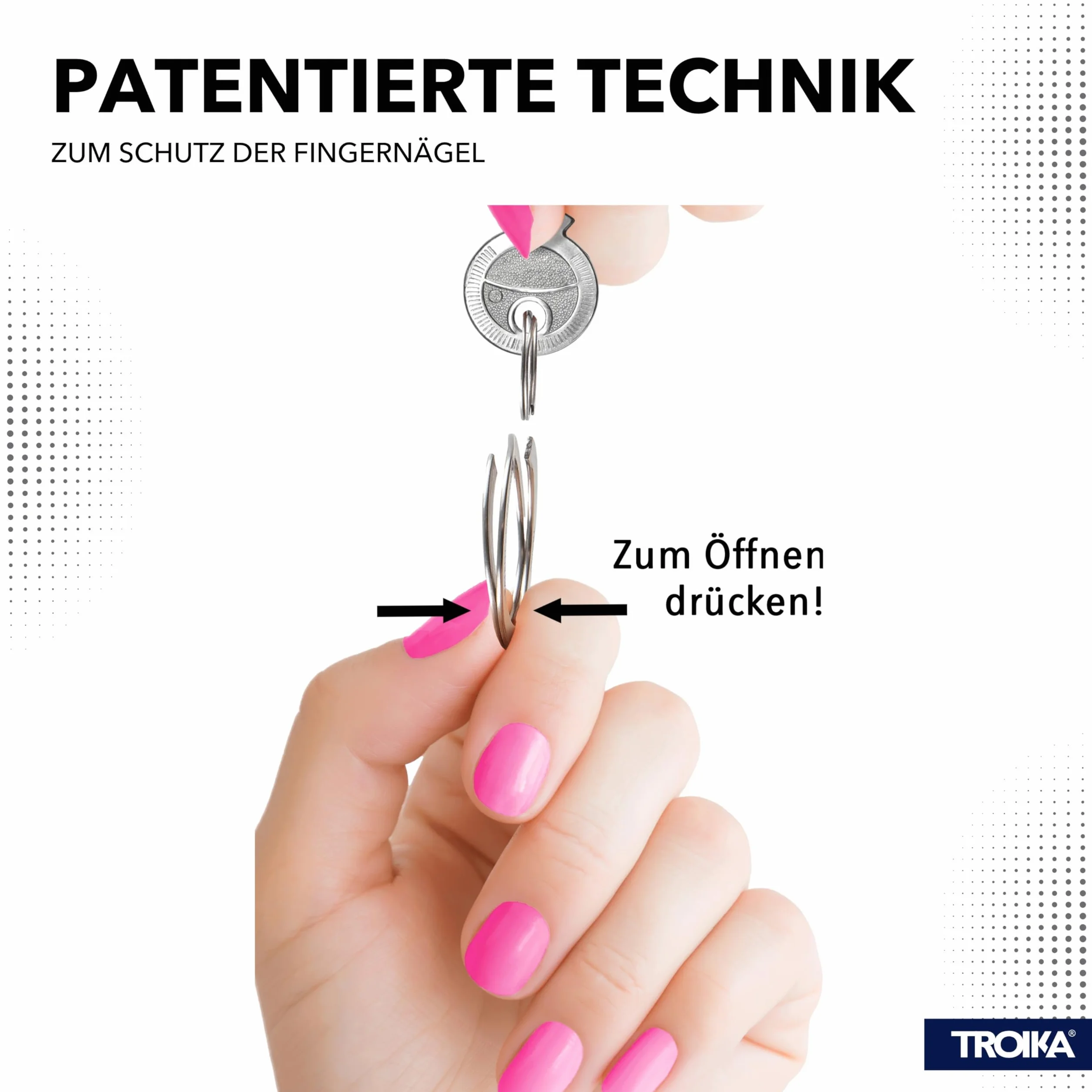 Troika Nail Guard Easy – Brelok do kluczy z szybkim zwalnianiem z 3 pierścieniami przyjaznymi dla paznokci, Srebrny, 6 x 3,5 x 0,8 cm