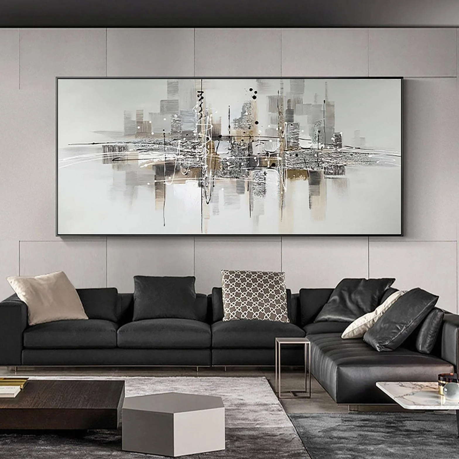 ZHMANLUCK Obrazy do salonu i sztuka ścienna, bardzo duży obraz olejny, szary obraz abstrakcyjny, czarno-biała sztuka ścienna, dekoracja domu, 75 x 152 cm (30 x 60 cali) z czarną ramą